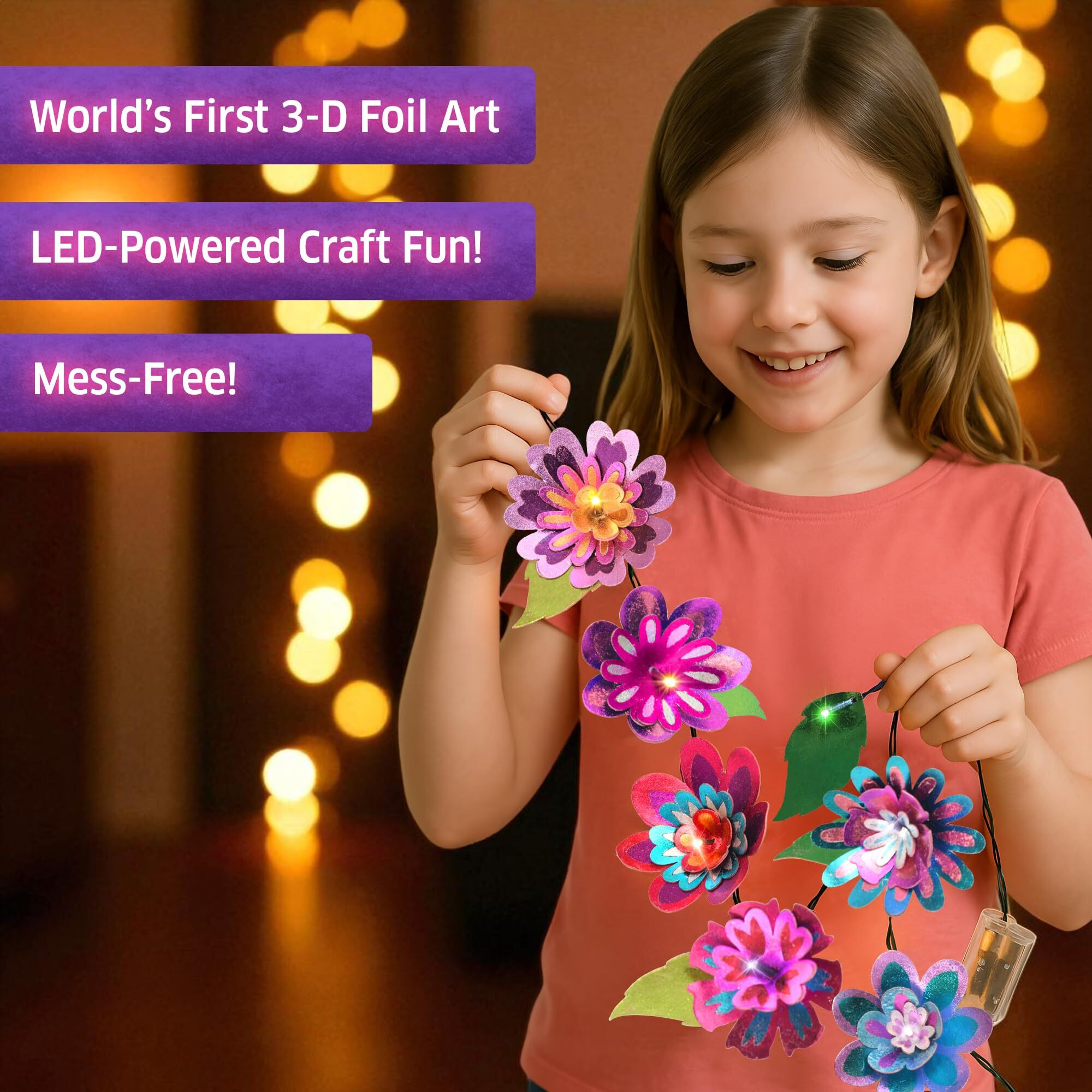 Chalk And Chuckles Flower Lights- Diy 3D Foil Art And Craft Kit For Girls 9-12, Make Led String With 10 Bulbs, Mess Free Festival Activity & Diwali Room Decor, Birthday Gift For Kids Age 8+
