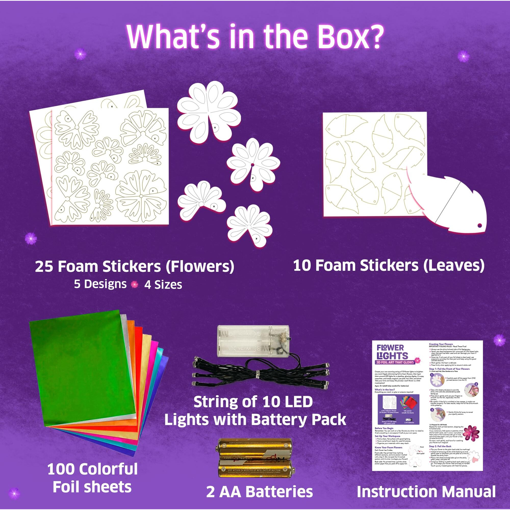 Chalk And Chuckles Flower Lights- Diy 3D Foil Art And Craft Kit For Girls 9-12, Make Led String With 10 Bulbs, Mess Free Festival Activity & Diwali Room Decor, Birthday Gift For Kids Age 8+
