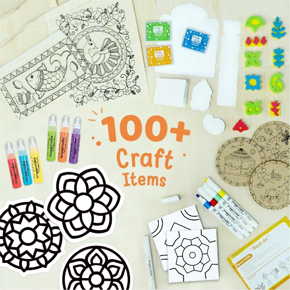 Imagimake Learn Indian Art Forms-Arts And Craft Diy Kit For Kids, Ages 8-12, 5 Indian Art Forms-Madhubani, Warli, Lippan, Mandala & Block Printing, Perfect Diy Craft Kit For Kids