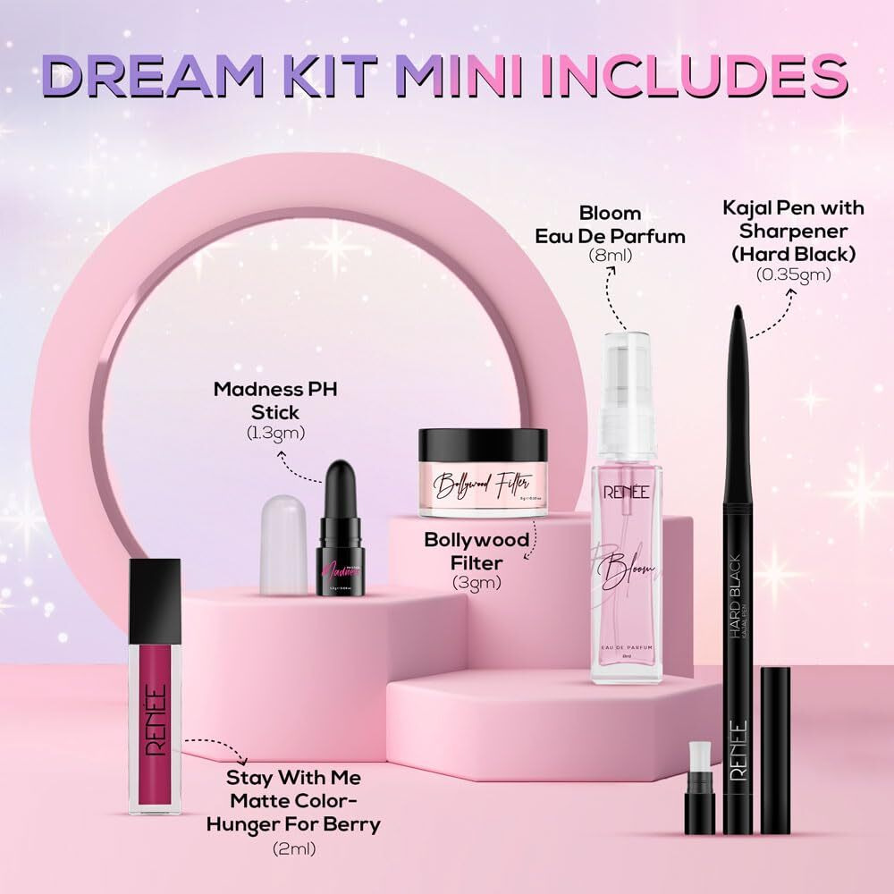Renee Dream Kit Mini, Curated With Makeup Essentials Includes Kajal, Primer, Lipstick, Perfume Madness Ph Stick, Enriched With With Skin-Loving Ingredients, Travel-Friendly Packaging Pack Of 5.