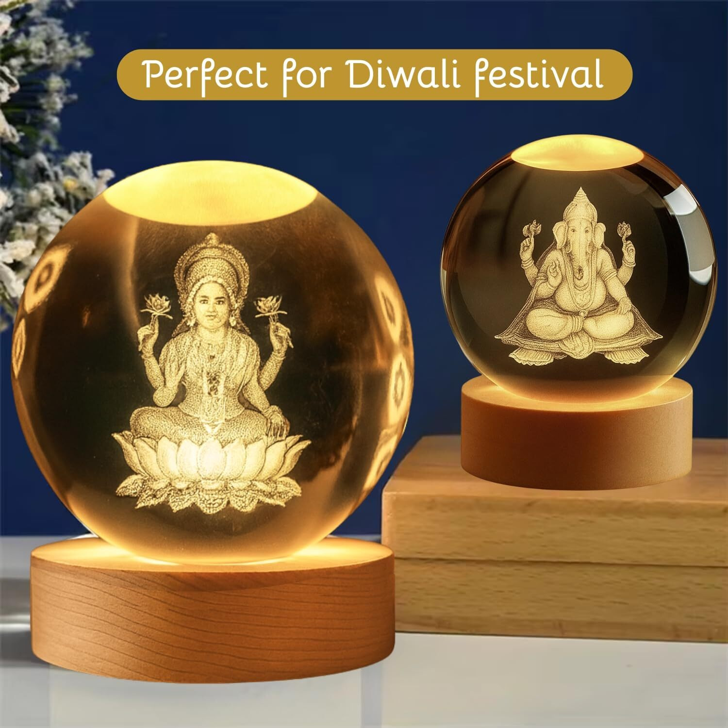 One94Store Ganesh & Lakshmi 3D Crystal Night Lamp Set | Usb Led Light With Wooden Base | Spiritual Home & Temple Dcor | Festive Gift For Diwali, Housewarming & Puja (Combo)