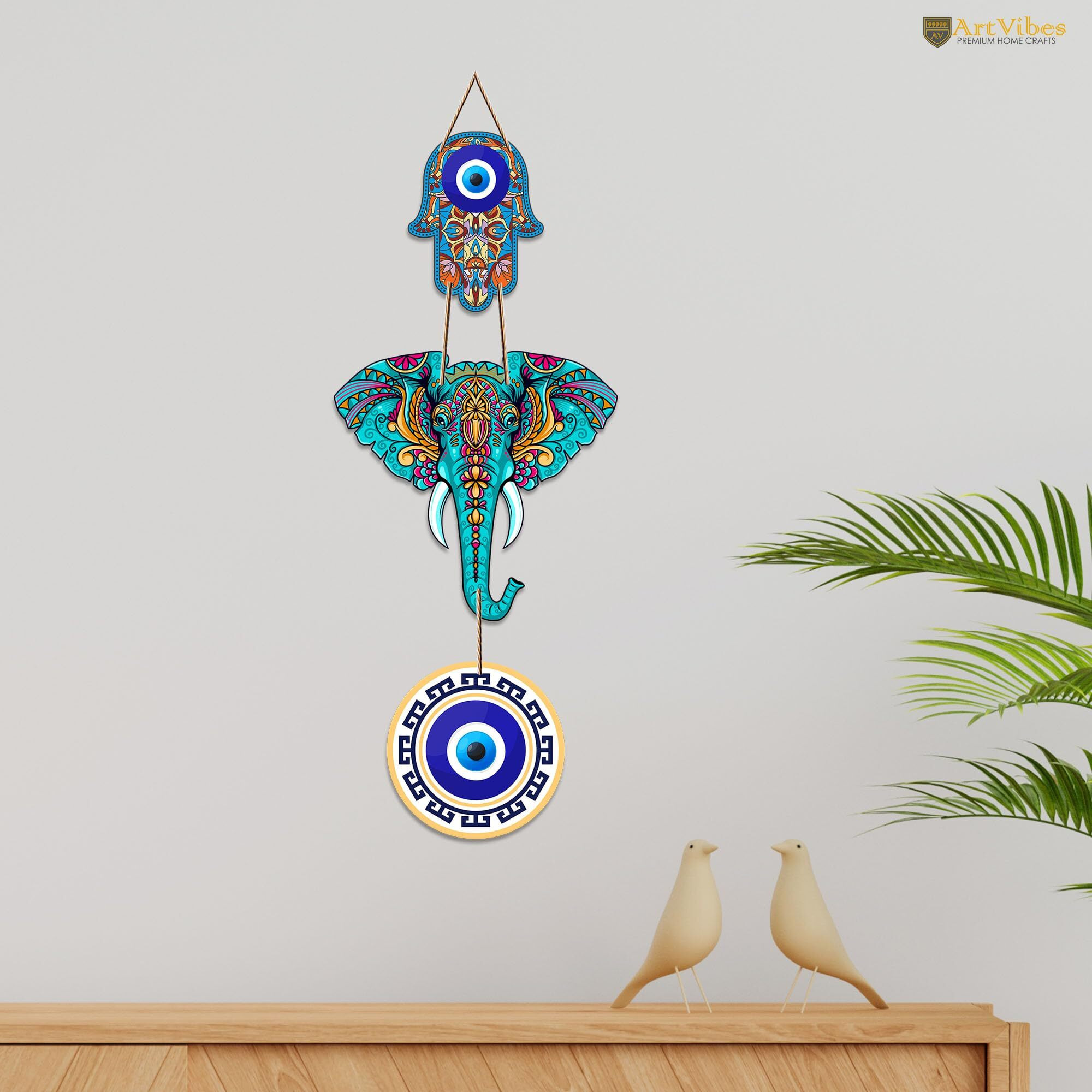 Artvibes Designer Elephant Wooden Wall Hanging For Home Decor | Hamsa Hand Decoration For Livingroom | Modern Artworks Items | Peace Charm Door Accent Decorative Hangings (Wh_8506N)