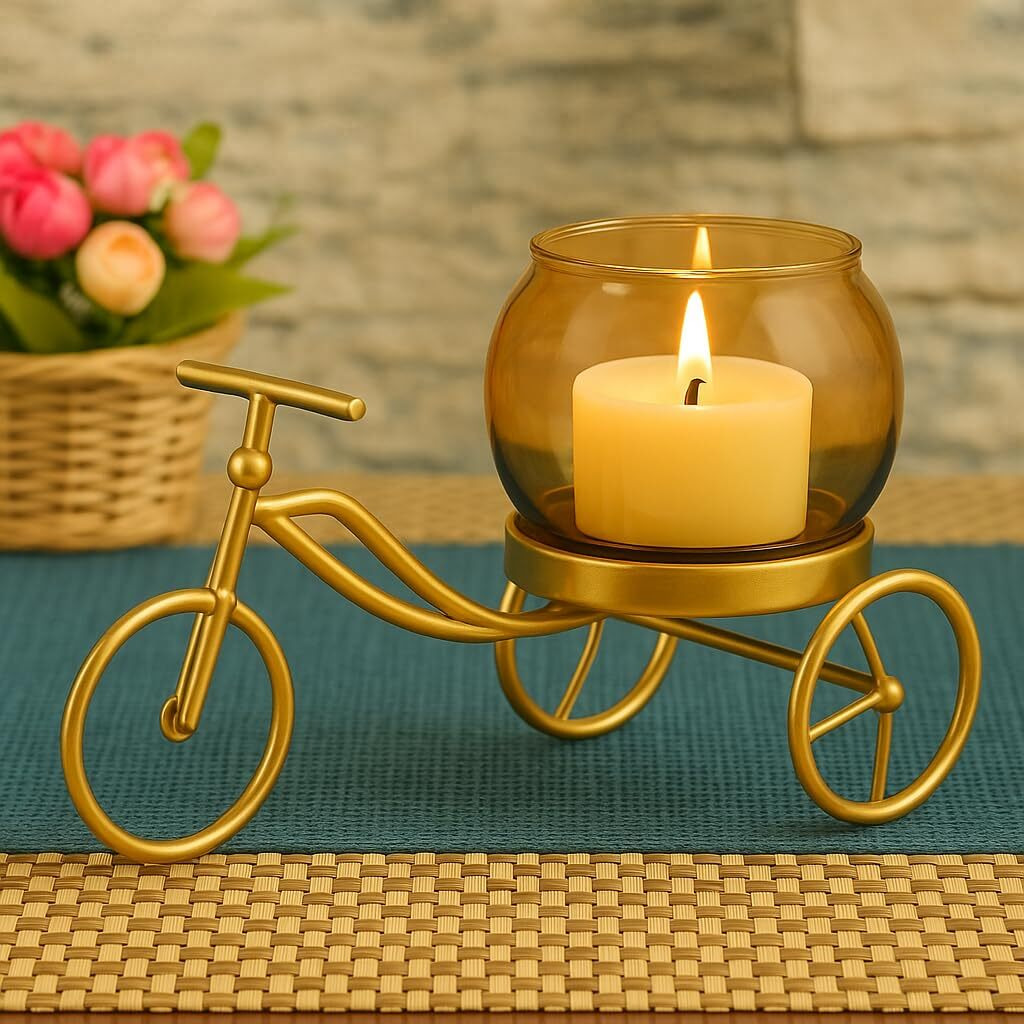Centralit Cycle Shape Gold Tealight Candle Holder For Diwali Home Decor Center Table Bedroom Living Room Office Decorative Gift Items Flower Pot Stand With Amber Glass Cup,Return Gift