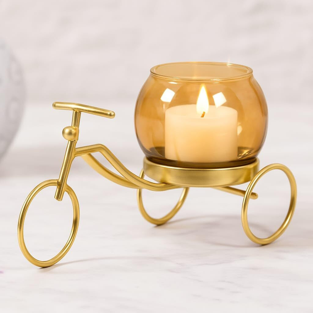 Centralit Cycle Shape Gold Tealight Candle Holder For Diwali Home Decor Center Table Bedroom Living Room Office Decorative Gift Items Flower Pot Stand With Amber Glass Cup,Return Gift