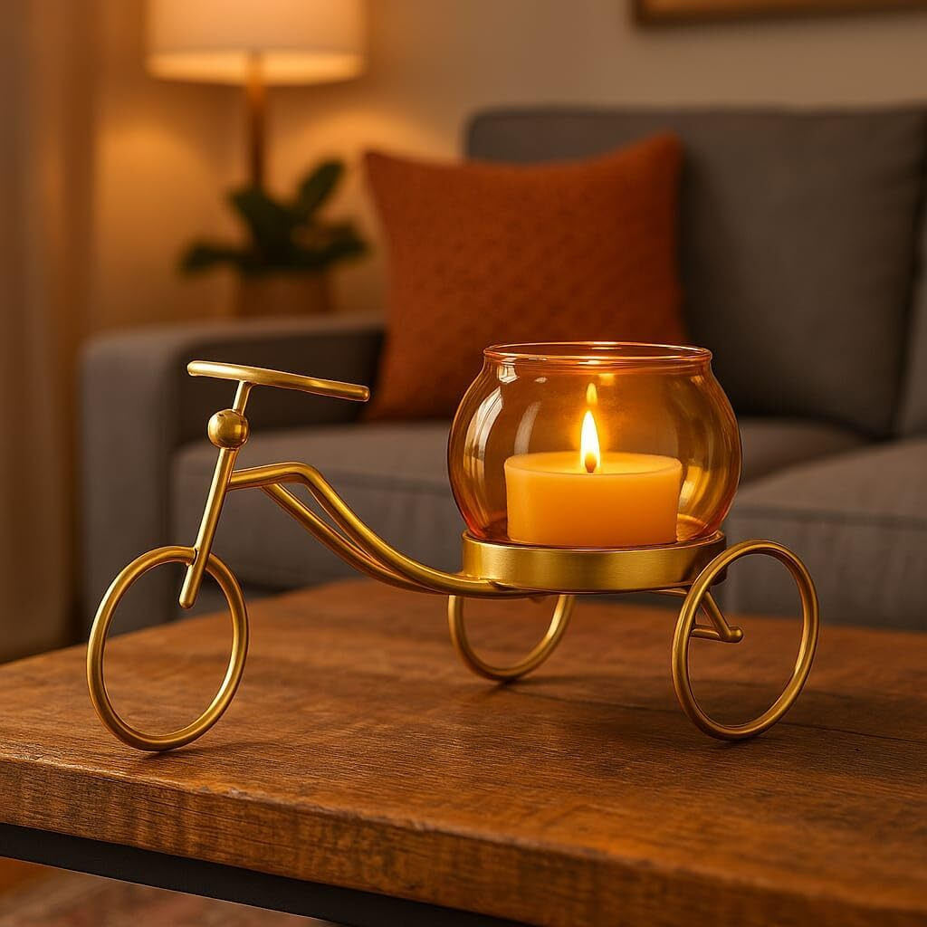 Centralit Cycle Shape Gold Tealight Candle Holder For Diwali Home Decor Center Table Bedroom Living Room Office Decorative Gift Items Flower Pot Stand With Amber Glass Cup,Return Gift