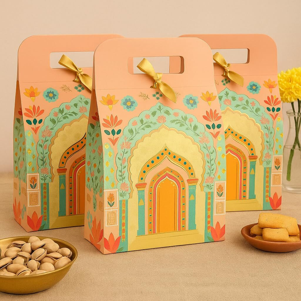 Satyam Kraft 5 Pcs Small Multipurpose Foldable Decorative Rajwadi Hamper Boxes With Handle & Ribbon | Gifting & Gift Packaging For Diwali, Deepawali, New Year, Wedding, Birthday, Dry Fruits, Sweets (Peach)