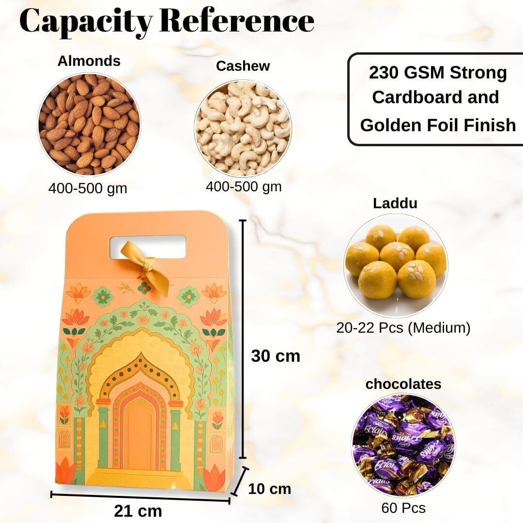 Satyam Kraft 5 Pcs Small Multipurpose Foldable Decorative Rajwadi Hamper Boxes With Handle & Ribbon | Gifting & Gift Packaging For Diwali, Deepawali, New Year, Wedding, Birthday, Dry Fruits, Sweets (Peach)