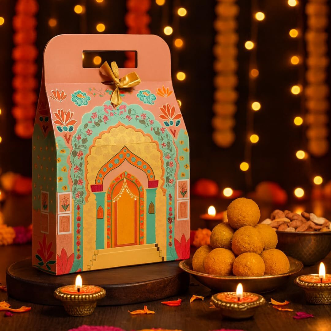 Satyam Kraft 5 Pcs Small Multipurpose Foldable Decorative Rajwadi Hamper Boxes With Handle & Ribbon | Gifting & Gift Packaging For Diwali, Deepawali, New Year, Wedding, Birthday, Dry Fruits, Sweets (Peach)