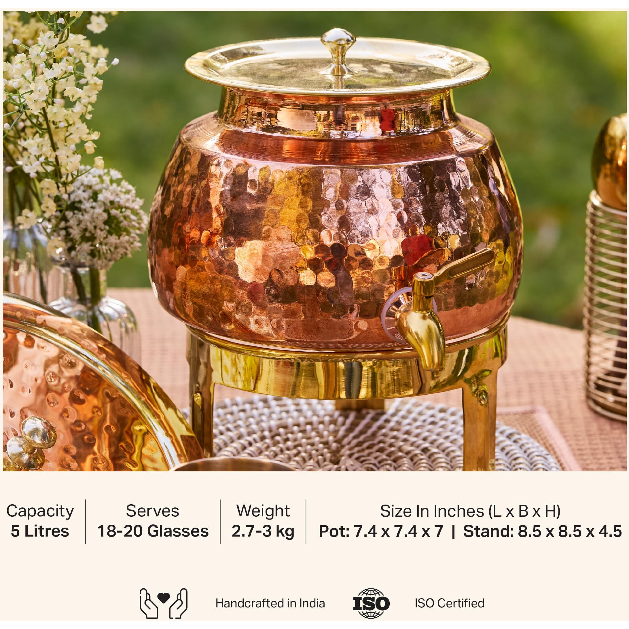P-Tal Copper Water Dispenser 5L | 100% Pure Copper Pot/Matka With Prefitted Leakproof Brass Tap, Lid And Stand