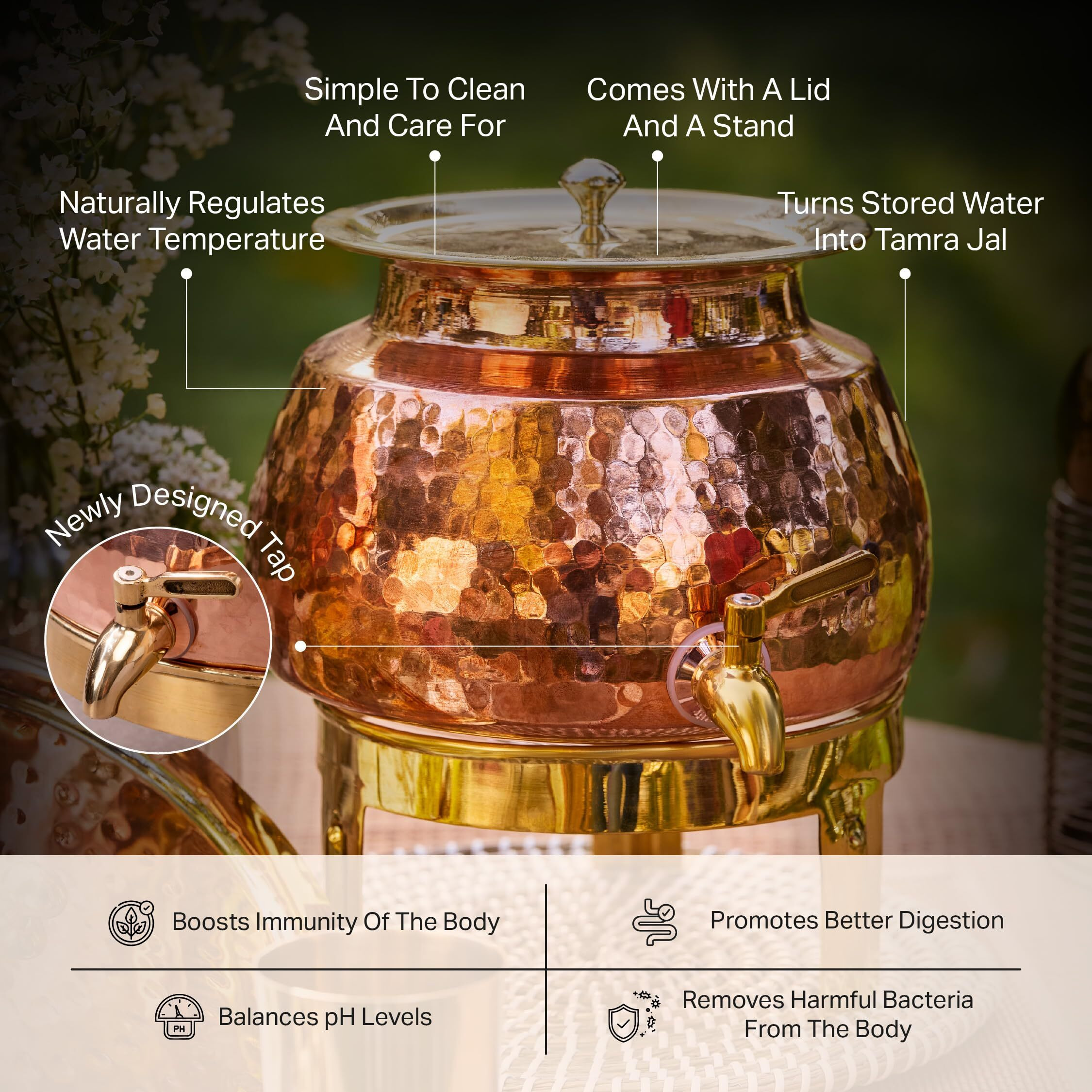 P-Tal Copper Water Dispenser 5L | 100% Pure Copper Pot/Matka With Prefitted Leakproof Brass Tap, Lid And Stand