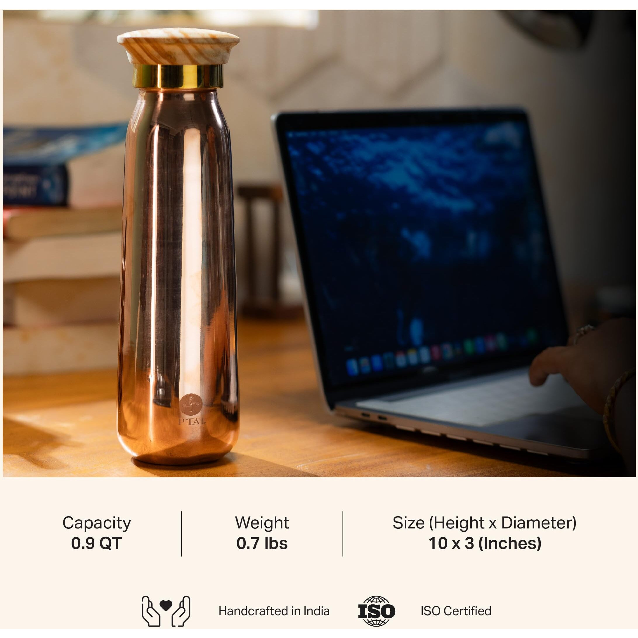 P-Tal Copper Water Bottle With Leakproof Wooden Lid & A Gift Box 900Ml Copper Water Bottle For Drinking With Ayurvedic Benefits (Free 30Ml Copper & Brass Cleaning Solution)