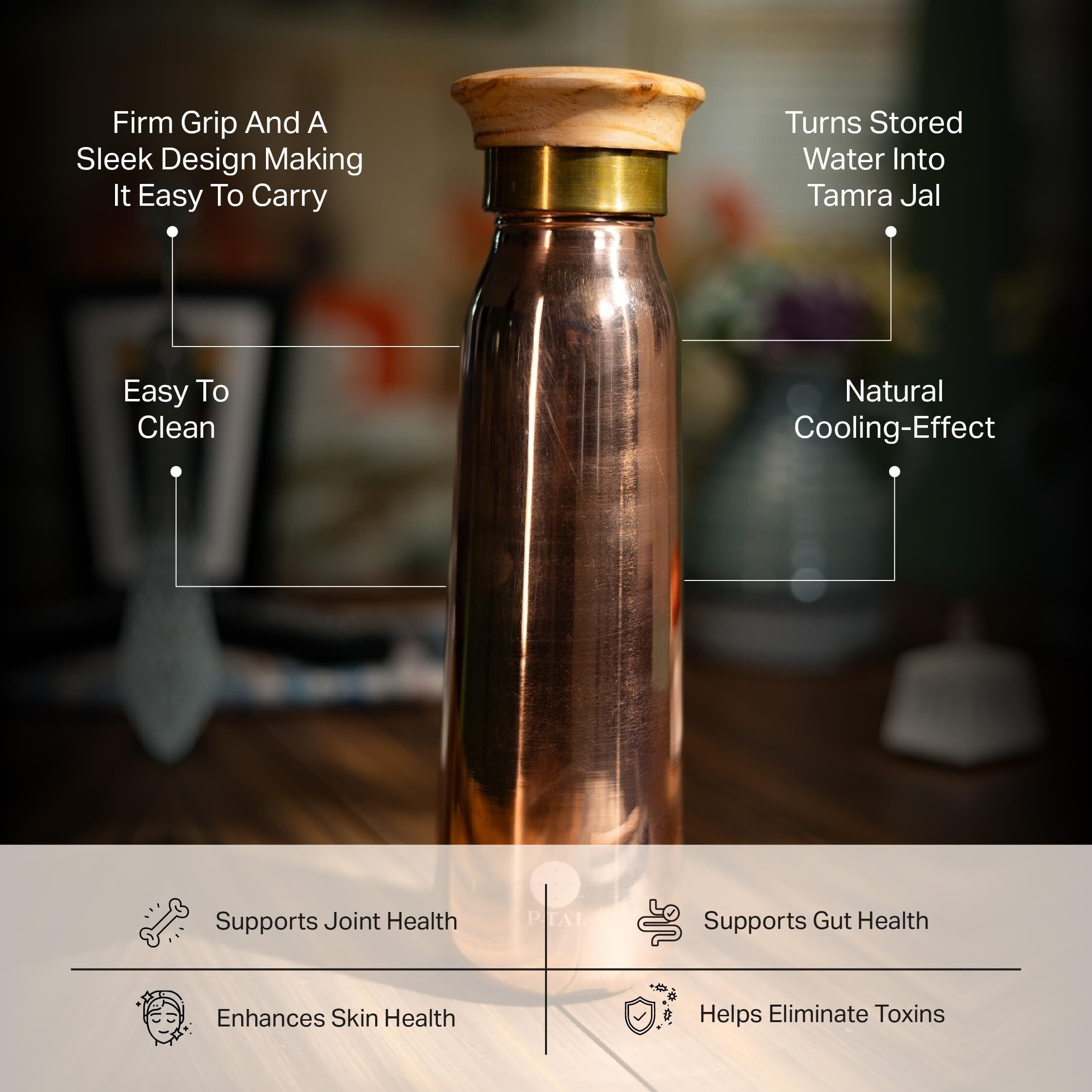 P-Tal Copper Water Bottle With Leakproof Wooden Lid & A Gift Box 900Ml Copper Water Bottle For Drinking With Ayurvedic Benefits (Free 30Ml Copper & Brass Cleaning Solution)