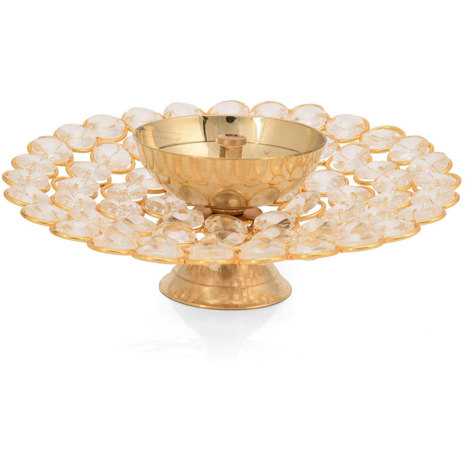 Collectible India Brass Diya For Puja - Crystal Akhand Diya Oil Puja Lamp - Decorative Round For Home Office Gifts Pooja Articles-Diwali Gift Wedding Giftdecor