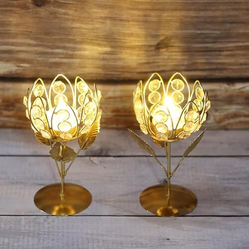 Centralit Gold Crystal Tea Light Holder Set Of 2 Tea Light Stand Shape Rose Votive Lotus Candle Holder For Home Decoration Diwali Diya Puja Gifts (Set Of 2)