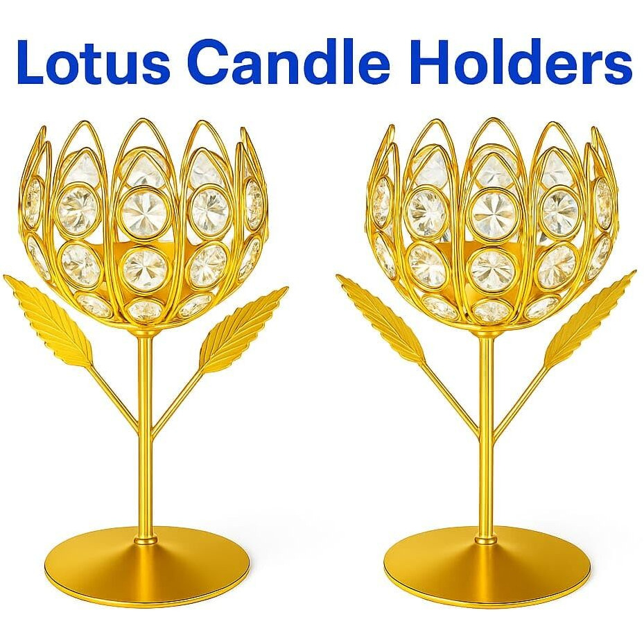 Centralit Gold Crystal Tea Light Holder Set Of 2 Tea Light Stand Shape Rose Votive Lotus Candle Holder For Home Decoration Diwali Diya Puja Gifts (Set Of 2)