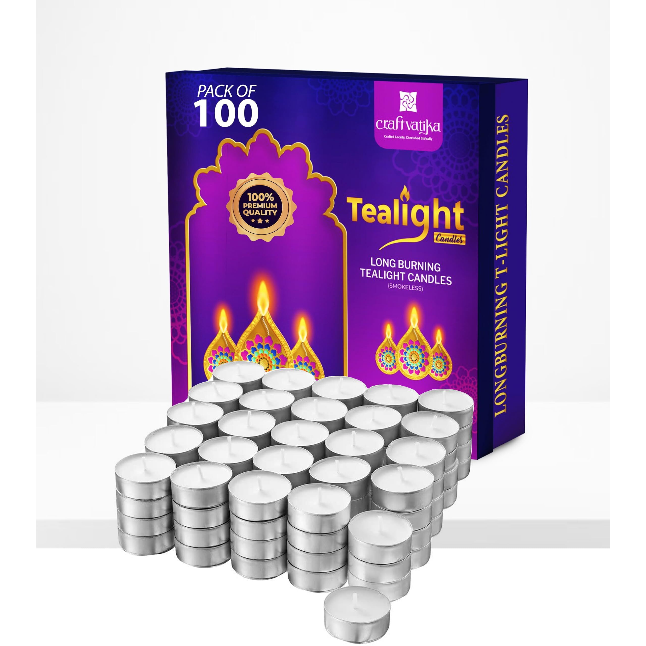 Craftvatika 3 Hour Burn Wax Tealight Candles Set Of 100 For Diwali Decoration Item, Diwali Decoration Gift Items For Home Decor, Wax Tea Light Candles For All Festival
