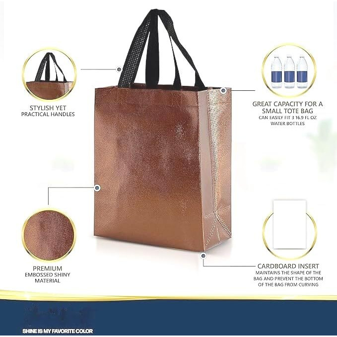 Evafly Gift Bag Medium Size Pack Of 10  L13 X W12 X D4 Inch|Resuable Non-Woven Shiny Metallic Laminated|Haldi Return Gifts, Jute Bags For Return Gift,Return Gift For Birthday - Copper