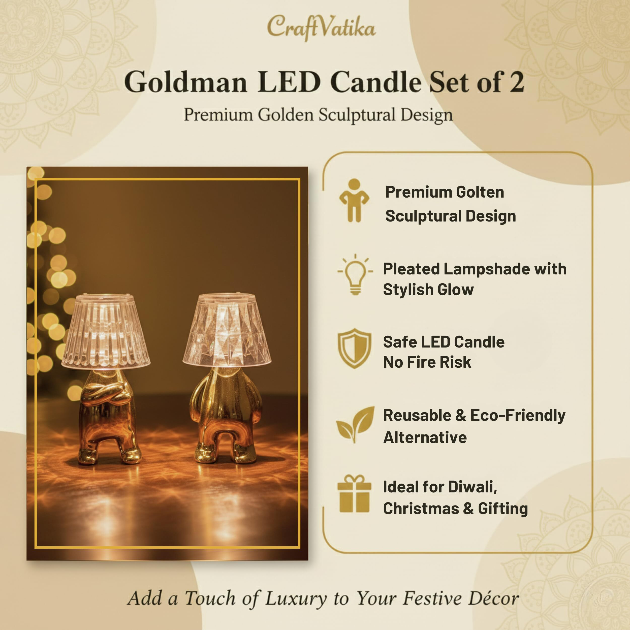 Craftvatika Led Candles For Decoration Set Of 2, Festive Dcor Item, Diwali Decorative Golden Candles For Home, Festive Lights For Balcony Wedding Deepawali Christmas Gifts For Family Friends