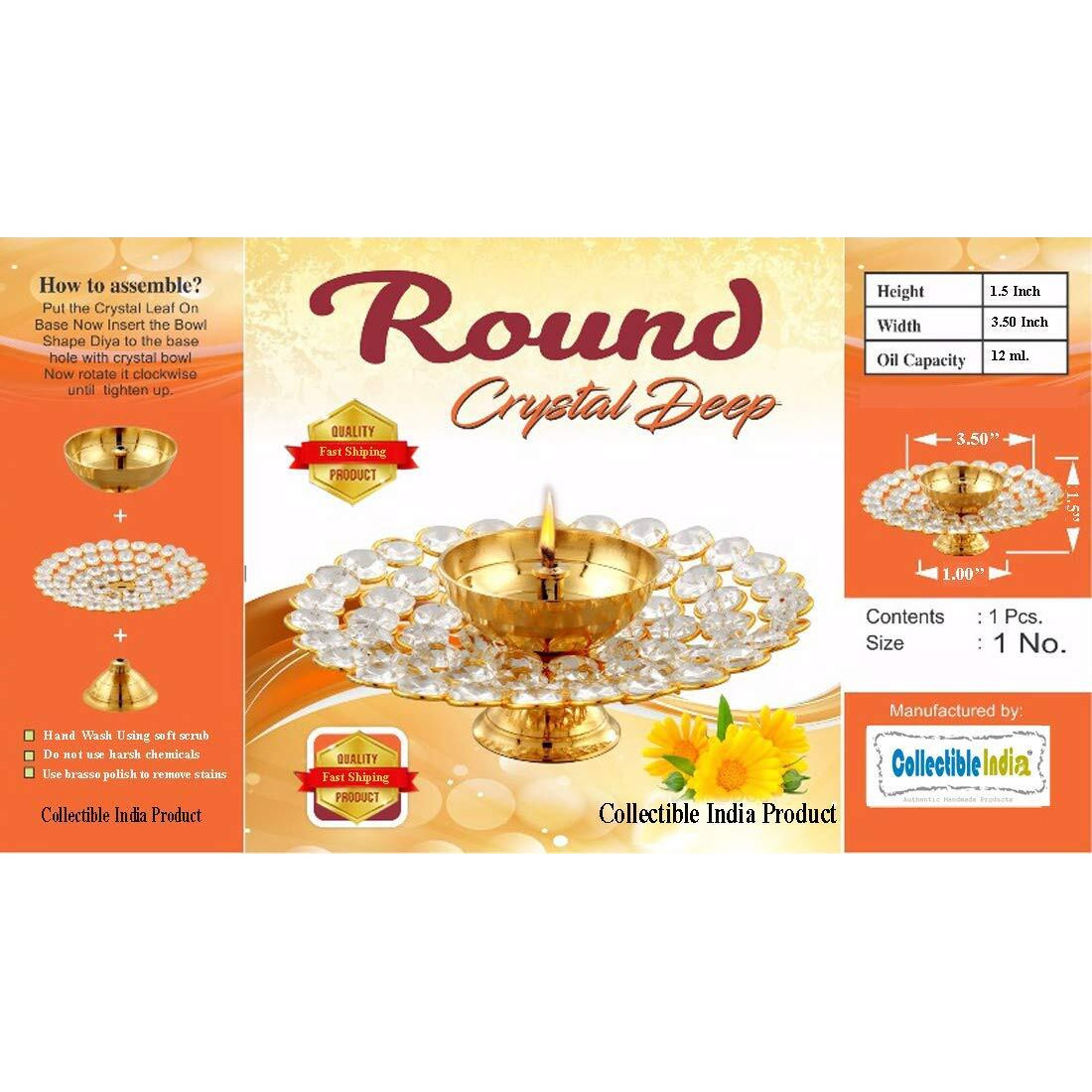 Collectible India Small Crystal Akhand Diya Brass Oil Puja Lamp For Home Office Gifts Pooja Articles Decor (Golden, 3.5 X 1.5 Inch) (Dfbs144-Small)