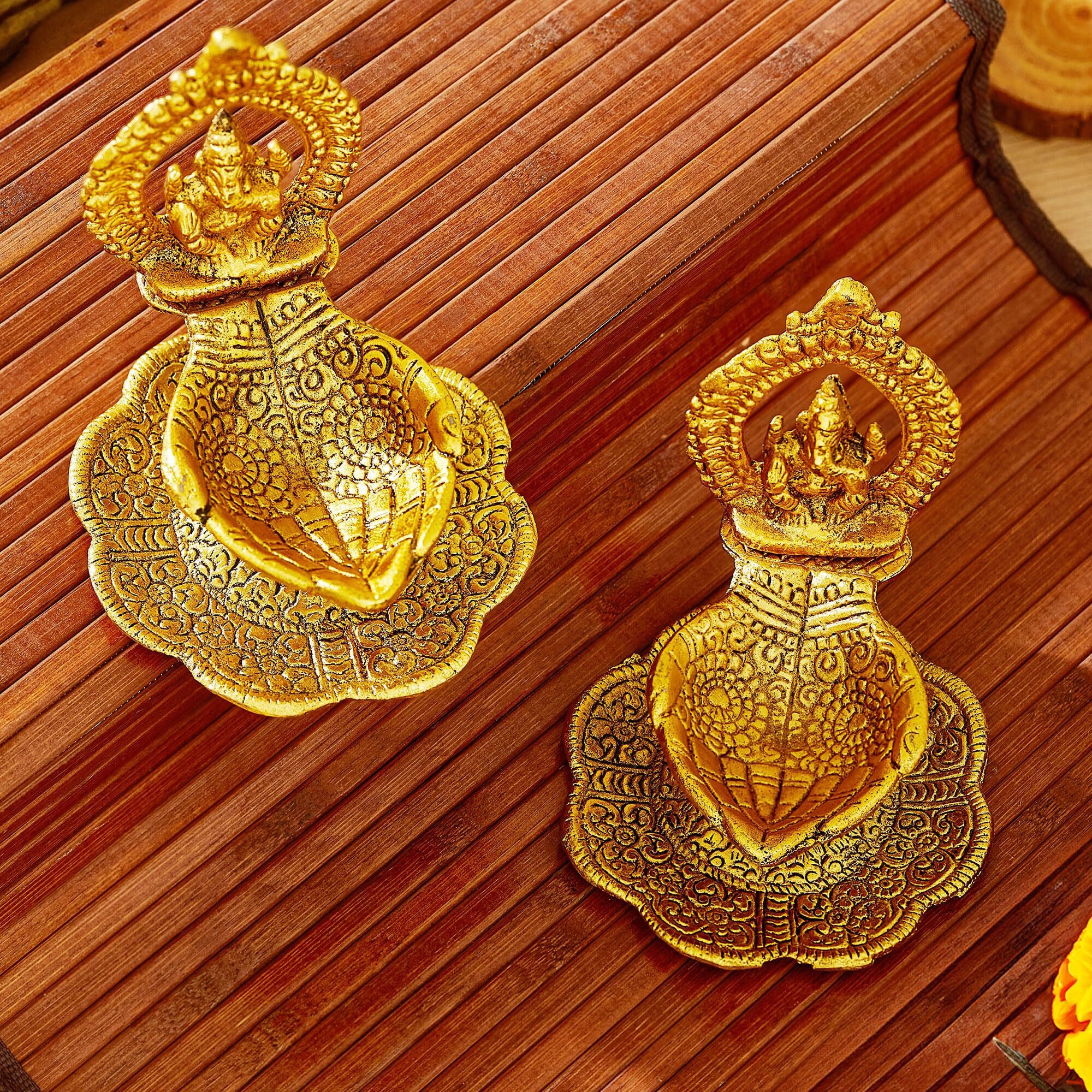 Tied Ribbons Set Of 2 Ganesh Metal Diya Oil Lamp Deepak (11 Cm X 9 Cm) - Diwali Decoration Items For Home Decor Pooja Room Mandir Temple Table Office Gift Items
