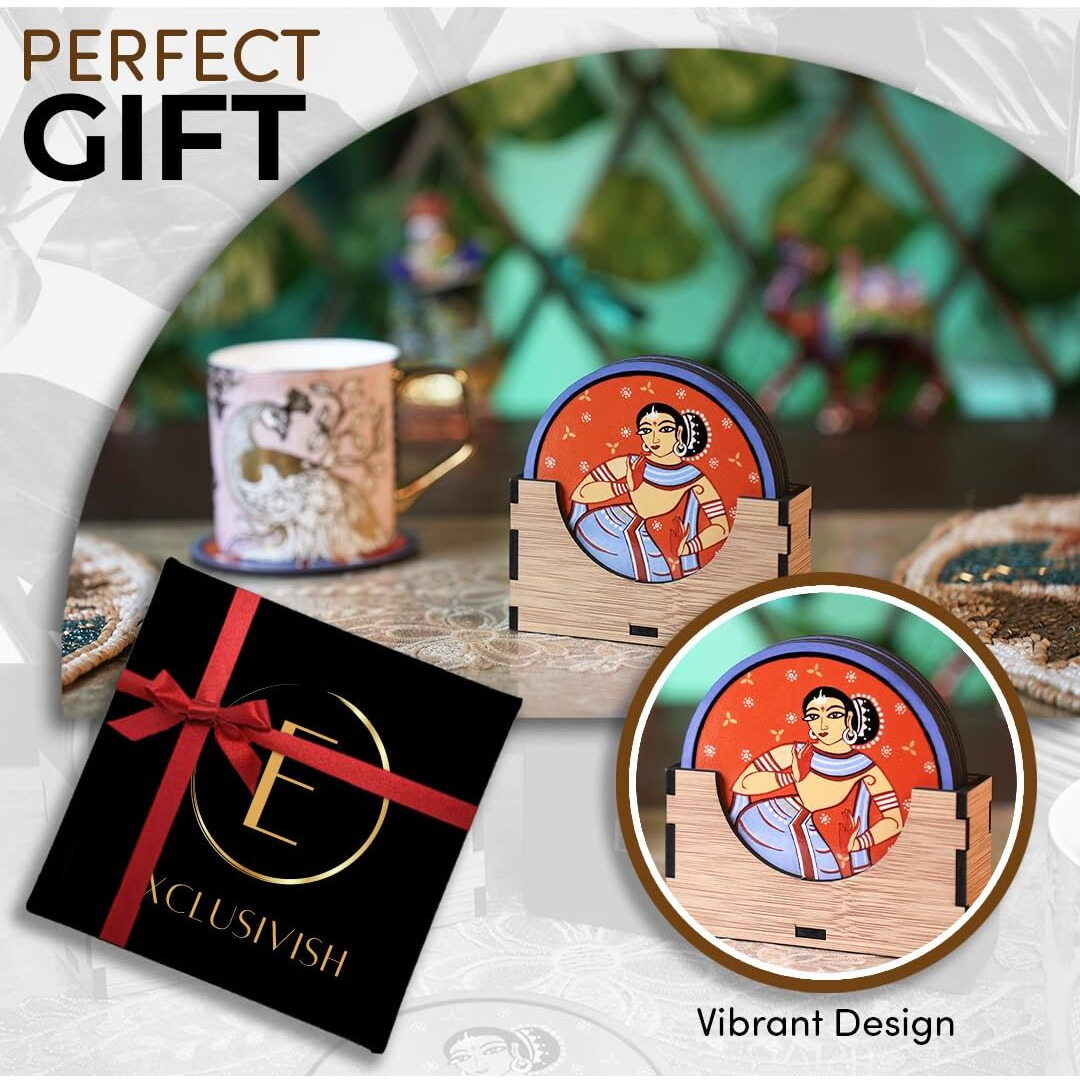 Exclusivish Madhubani Woman Art Wooden Coaster Set Of 6 With Holder & Box  Dining Table Accessories | Indian Handicraft | Diwali Gifts For Family And Friends