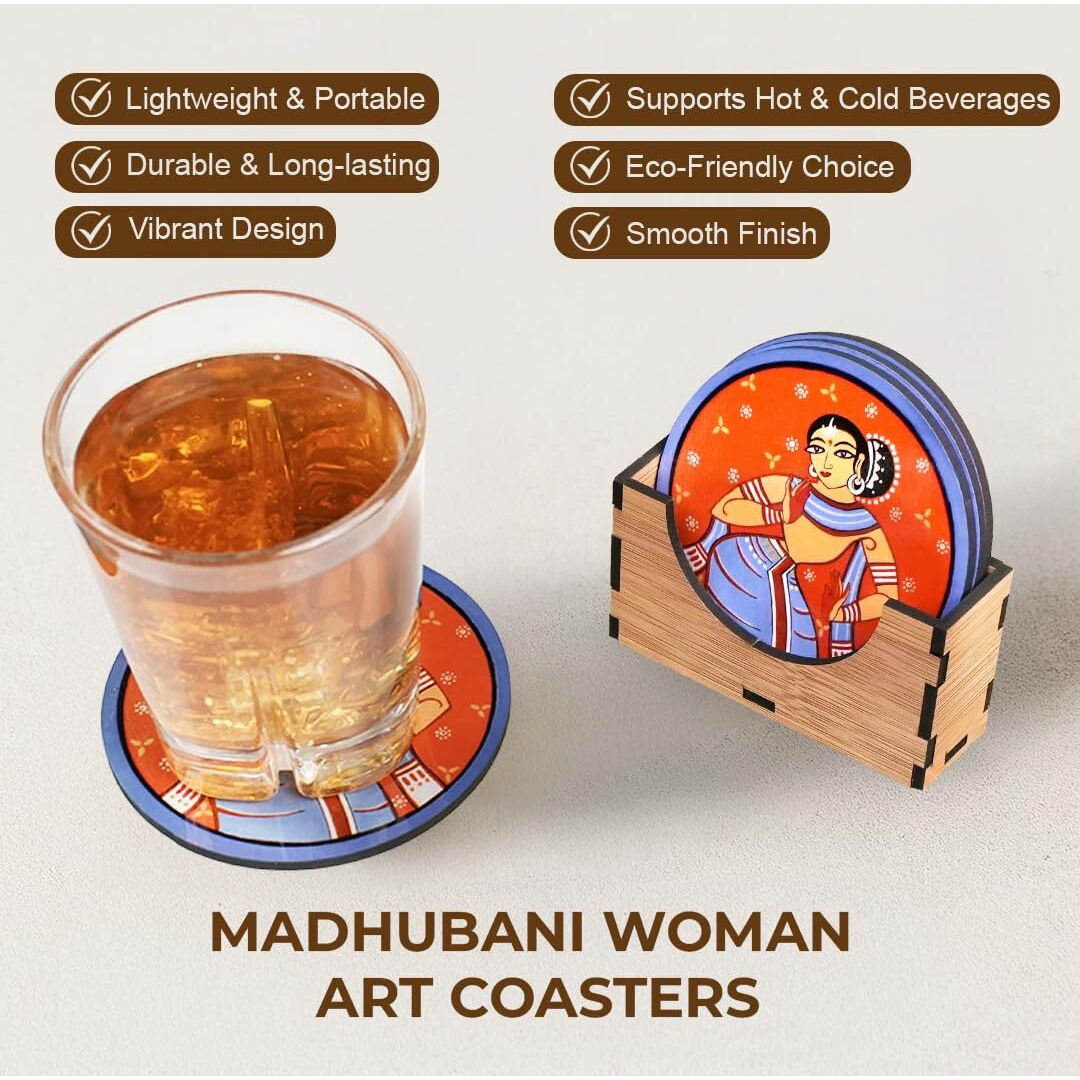 Exclusivish Madhubani Woman Art Wooden Coaster Set Of 6 With Holder & Box  Dining Table Accessories | Indian Handicraft | Diwali Gifts For Family And Friends