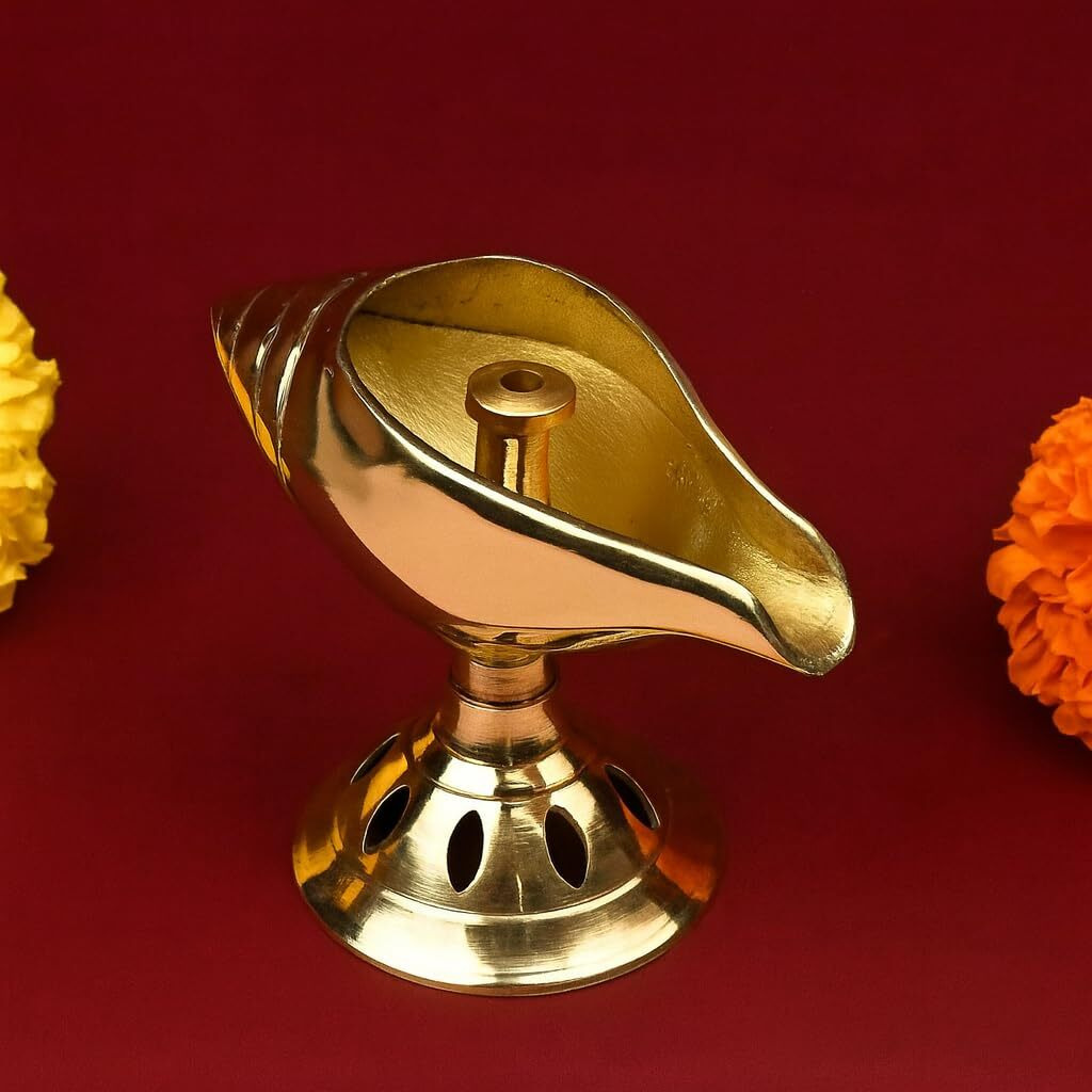 Craftvatika Pure Brass Akhand Diya, Shankh Shape Brass Diya Deepak, Villakku For Diwali Lakshami Poojan, Daily Worship Diwali Gifts For Family And Friends