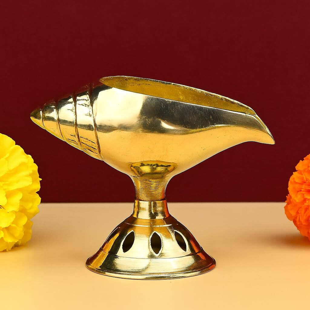 Craftvatika Pure Brass Akhand Diya, Shankh Shape Brass Diya Deepak, Villakku For Diwali Lakshami Poojan, Daily Worship Diwali Gifts For Family And Friends