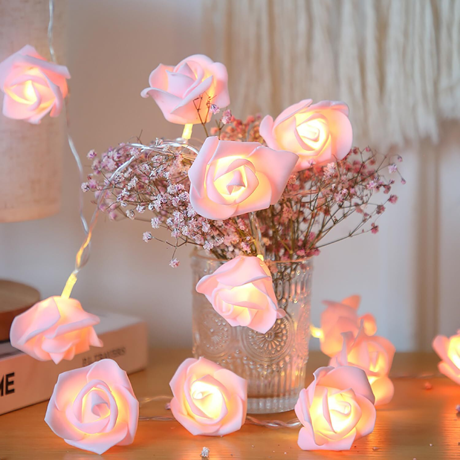 One94Store Rose Flower Led String Fairy Light, 14 Led 3 Meter Night Light For Home Decor, Plastic Rose String Lights For Bedroom, Led Light For Indoor & Outdoor Decoration (Pink, Plug-In)