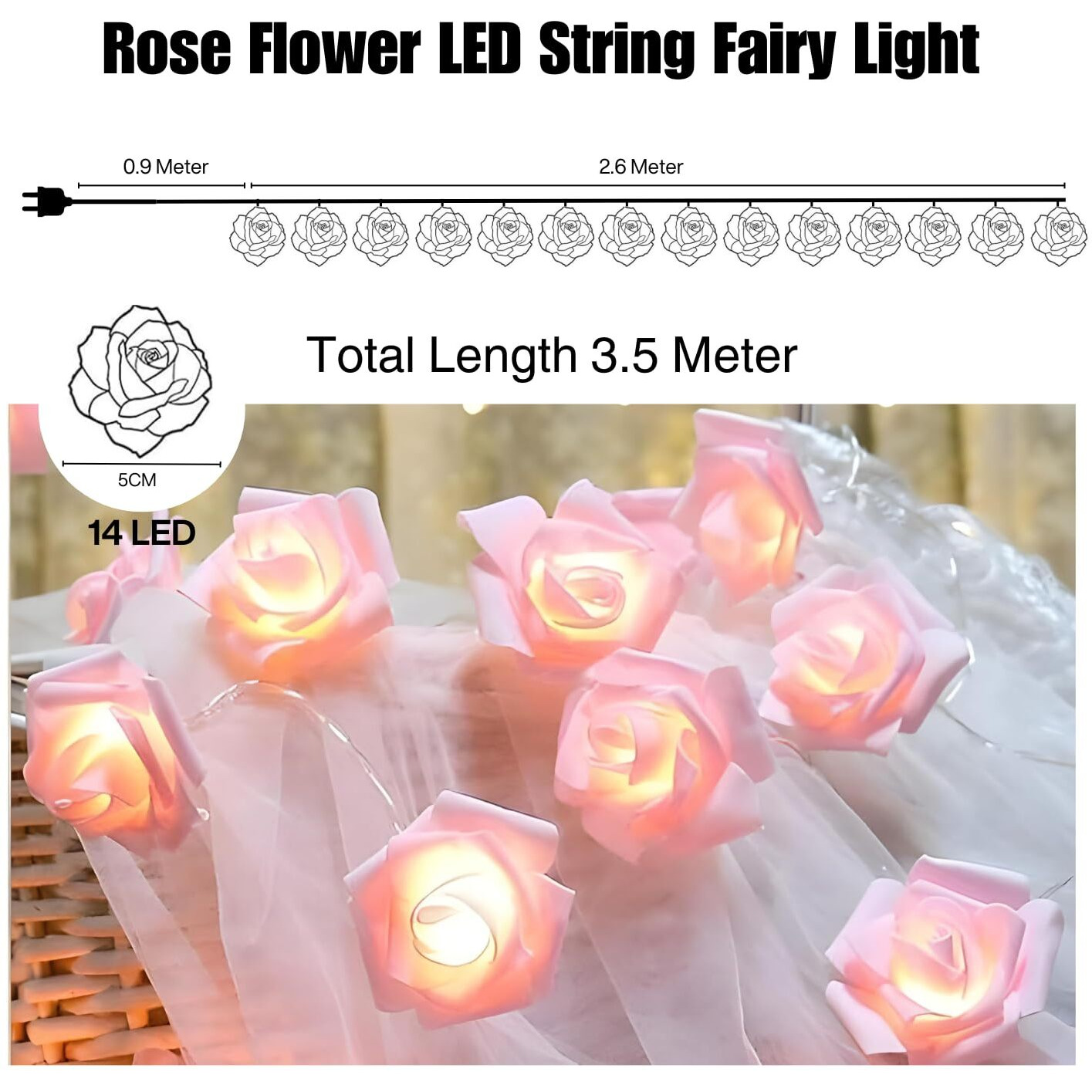 One94Store Rose Flower Led String Fairy Light, 14 Led 3 Meter Night Light For Home Decor, Plastic Rose String Lights For Bedroom, Led Light For Indoor & Outdoor Decoration (Pink, Plug-In)
