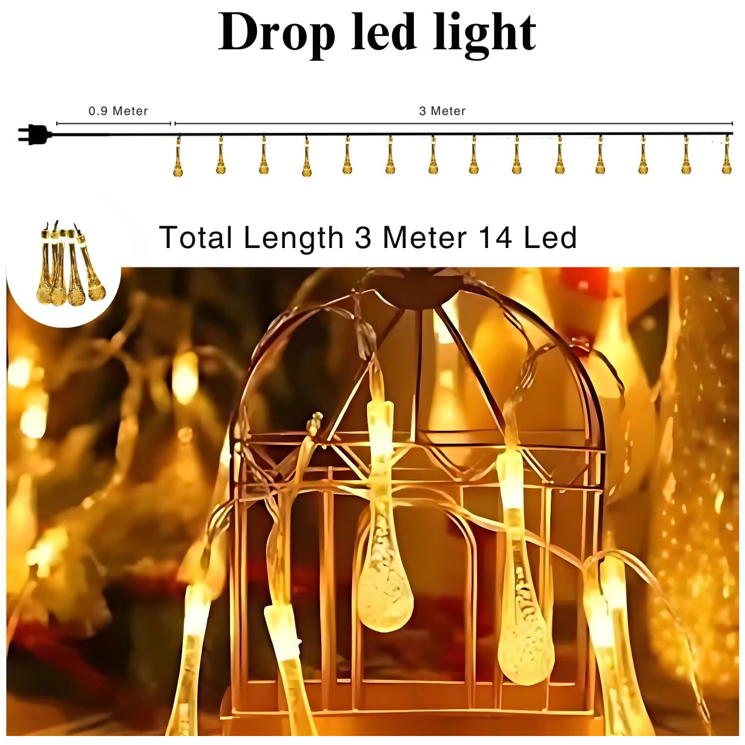 One94Store Drop String Lights  14 Led, 3 Meter, Warm White, Waterproof Decorative Fairy Lights For Indoor/Outdoor, Garden, Diwali, Christmas, Wedding, Party & Festival Decoration (Pack Of 1)