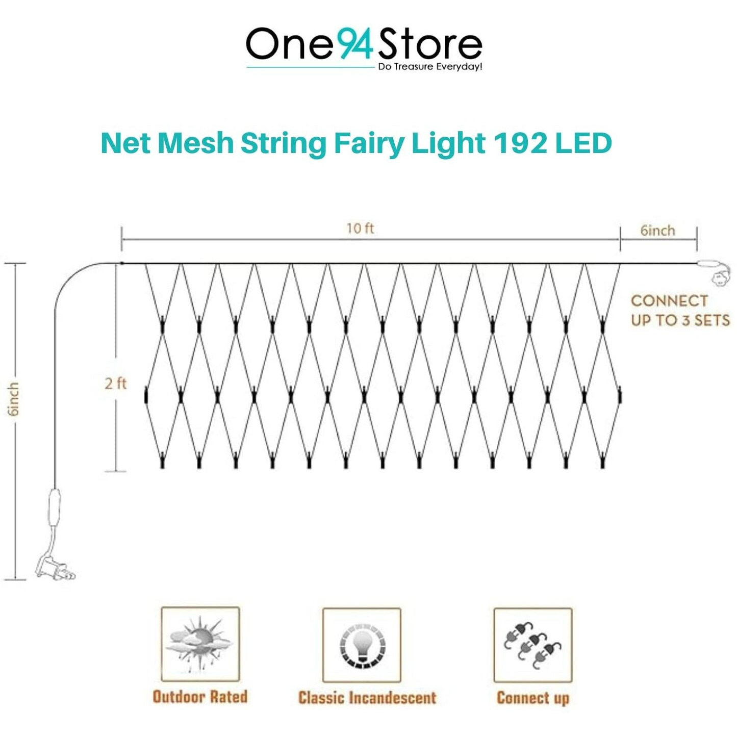 One94Store 192 Led Net Mesh Fairy String Lights, Warm White, 6X6 Ft Decorative Curtain Lights, Low Voltage, Indoor & Outdoor Decoration For Christmas, Wedding, Party & Home (Plastic, Pack Of 1)