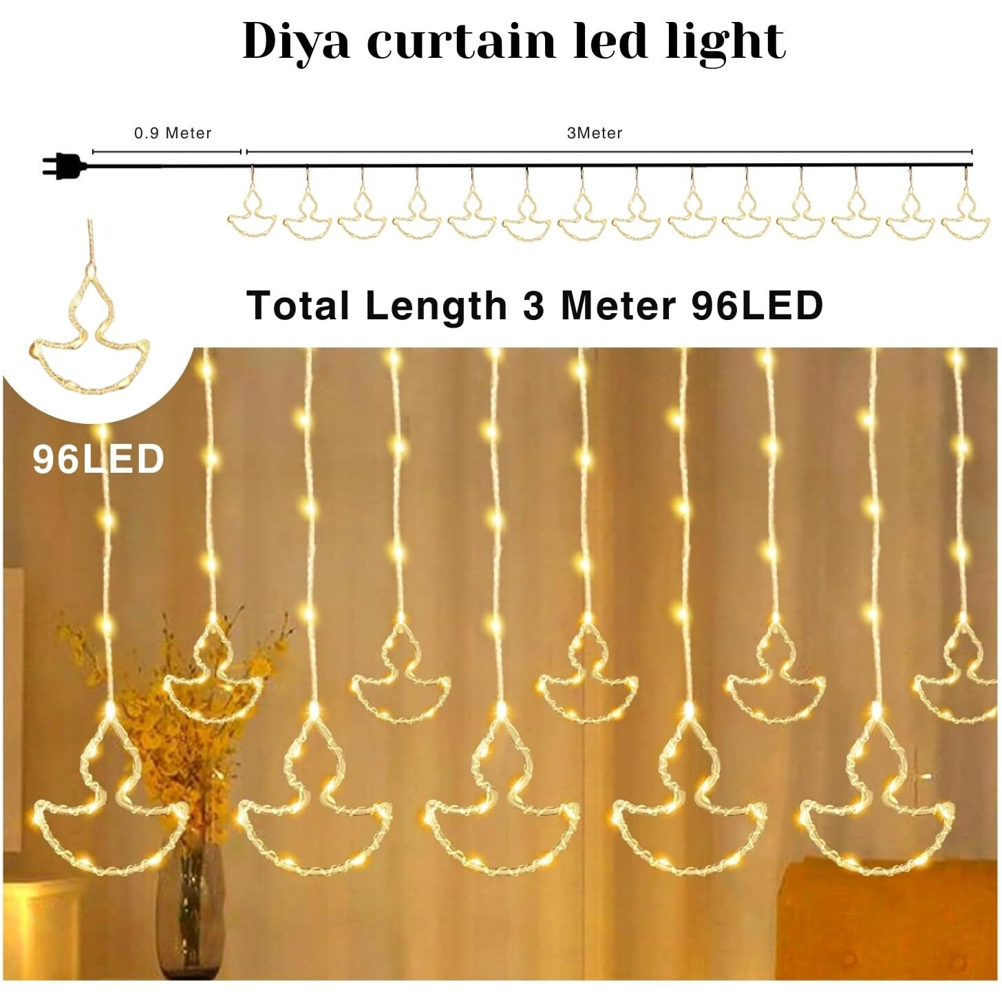One94Store Fairy Diya Curtain Led String Light 10 Diyas 96 Led, 3 Meter (5+5) With 8 Modes Window Curtain Decorative Light For Home Decoration, Plug-In (Warm White)
