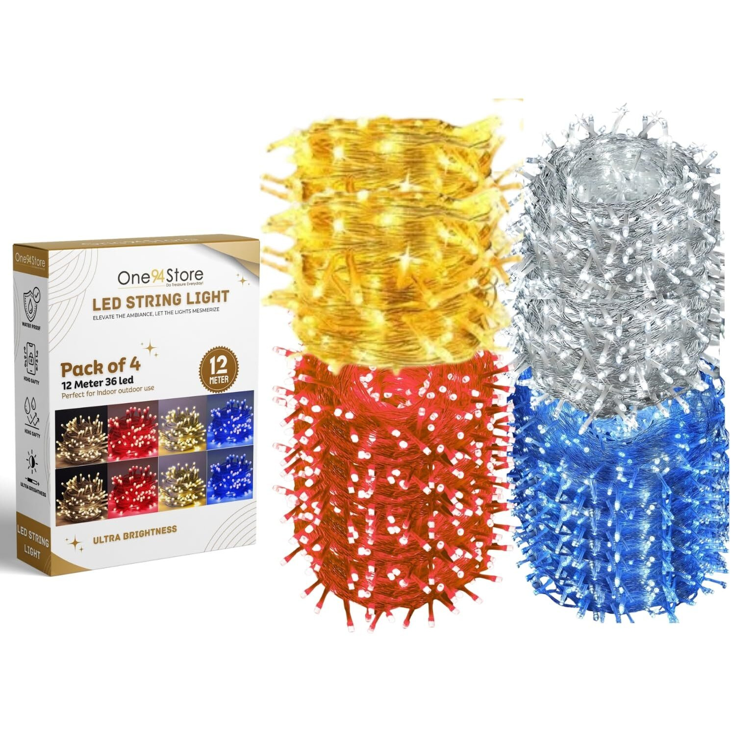 One94Store 12M 36 Led Pixel Decorative String Lights | Multi-Color Led Lights With Red, Blue, White, Warm White Set| Energy Efficient Corded Electric Lights For Festival, Party, Home  Pack Of 4