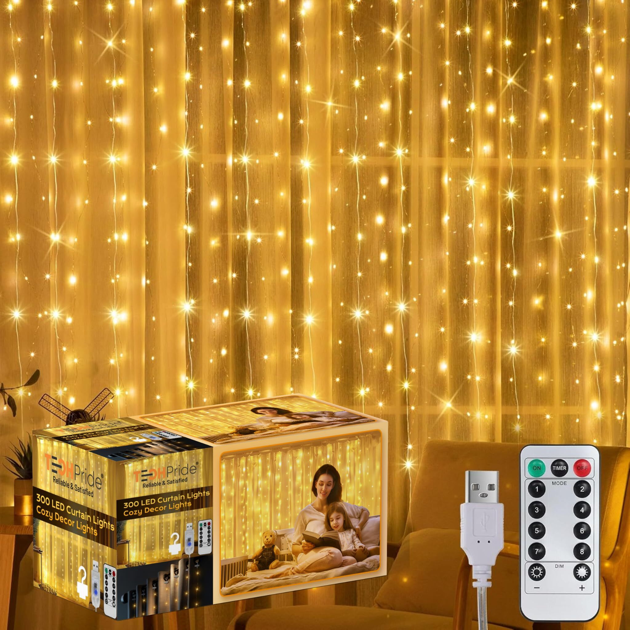 Techpride 300 Led Curtain String Light | Warm White Fairy Lights With Plastic Hooks & Remote | 8 Lighting Modes | Indoor Outdoor Decoration Lights For Diwali, Wedding, Wall, Balcony, Party, Home Dcor