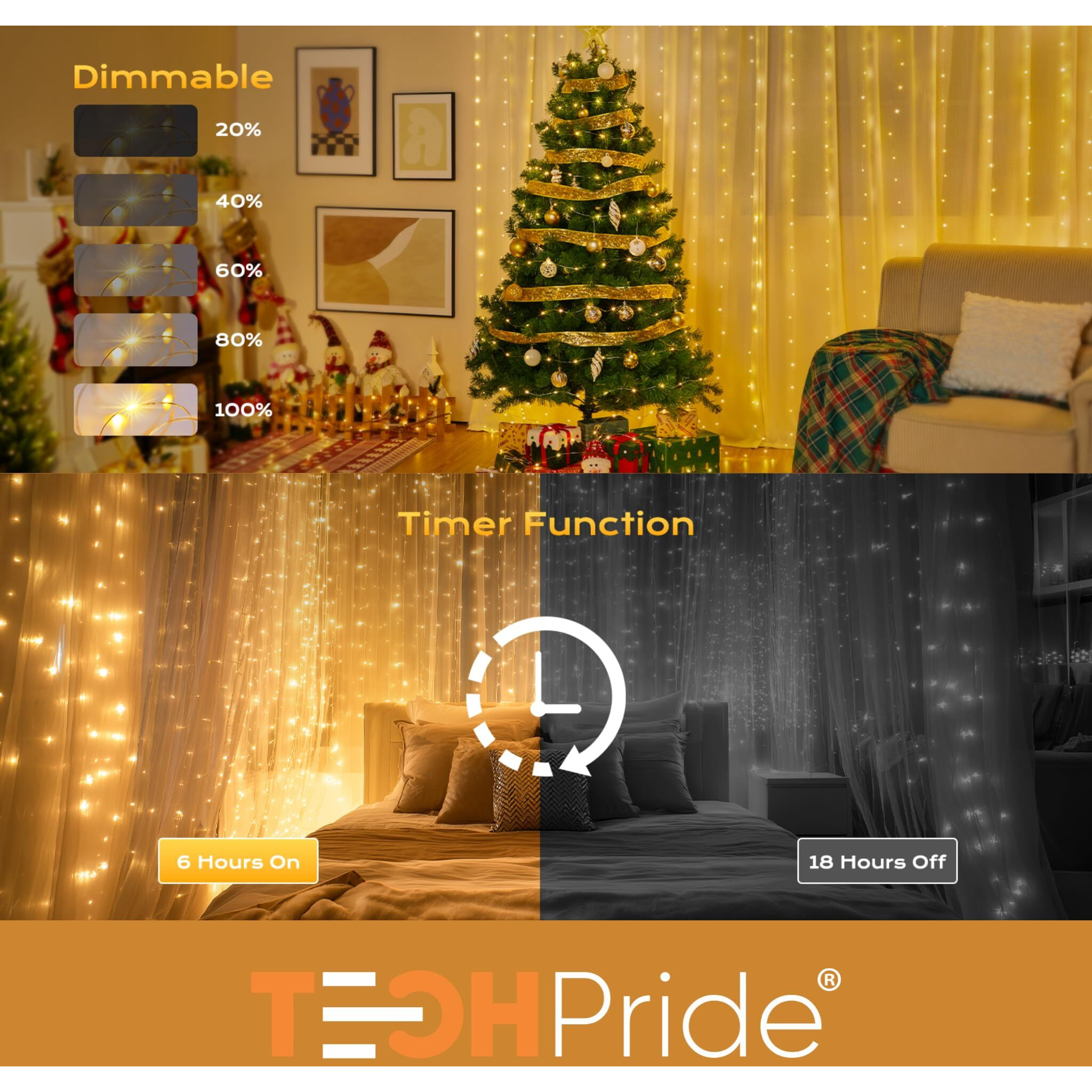 Techpride 300 Led Curtain String Light | Warm White Fairy Lights With Plastic Hooks & Remote | 8 Lighting Modes | Indoor Outdoor Decoration Lights For Diwali, Wedding, Wall, Balcony, Party, Home Dcor