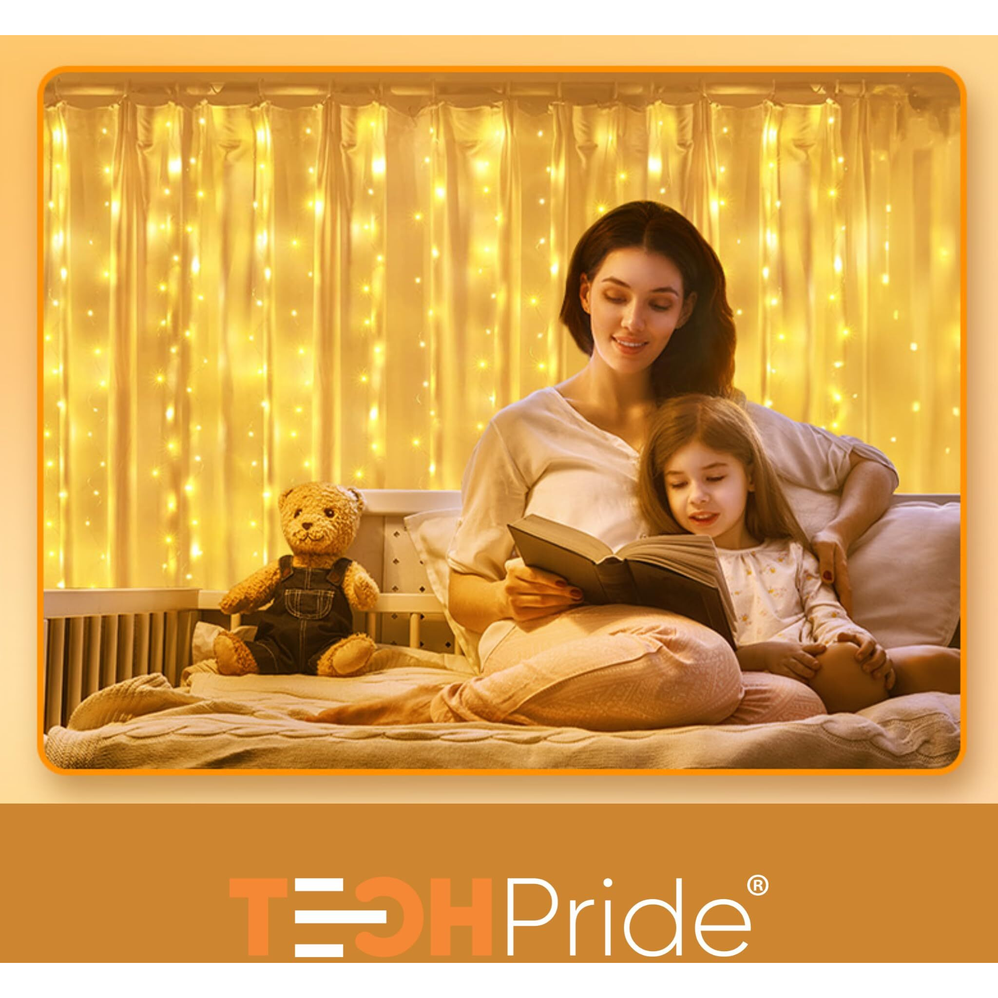 Techpride 300 Led Curtain String Light | Warm White Fairy Lights With Plastic Hooks & Remote | 8 Lighting Modes | Indoor Outdoor Decoration Lights For Diwali, Wedding, Wall, Balcony, Party, Home Dcor