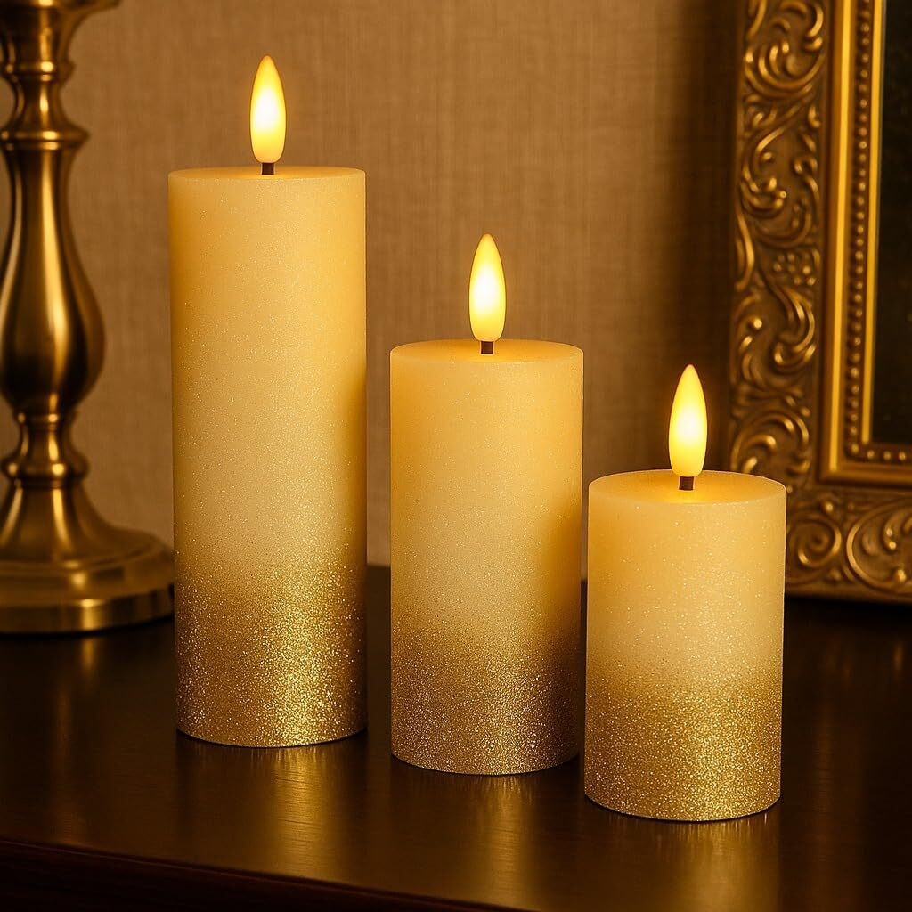 Satyam Kraft 3 Pcs Led Tea Light Candles | Glitter Gold Base Flameless, Smokeless, Unscented | For Gifting, Home Decor, Room Decoration Lights, Balcony & Festival, Navratri, Diwali Decoration Item