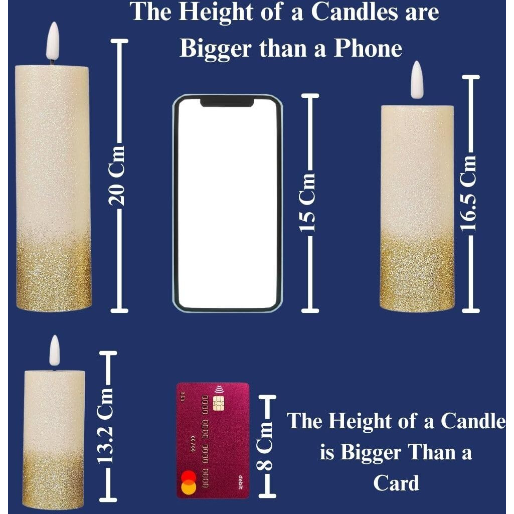 Satyam Kraft 3 Pcs Led Tea Light Candles | Glitter Gold Base Flameless, Smokeless, Unscented | For Gifting, Home Decor, Room Decoration Lights, Balcony & Festival, Navratri, Diwali Decoration Item