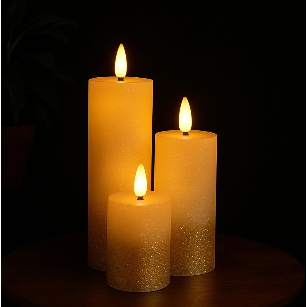 Satyam Kraft 3 Pcs Led Tea Light Candles | Glitter Gold Base Flameless, Smokeless, Unscented | For Gifting, Home Decor, Room Decoration Lights, Balcony & Festival, Navratri, Diwali Decoration Item