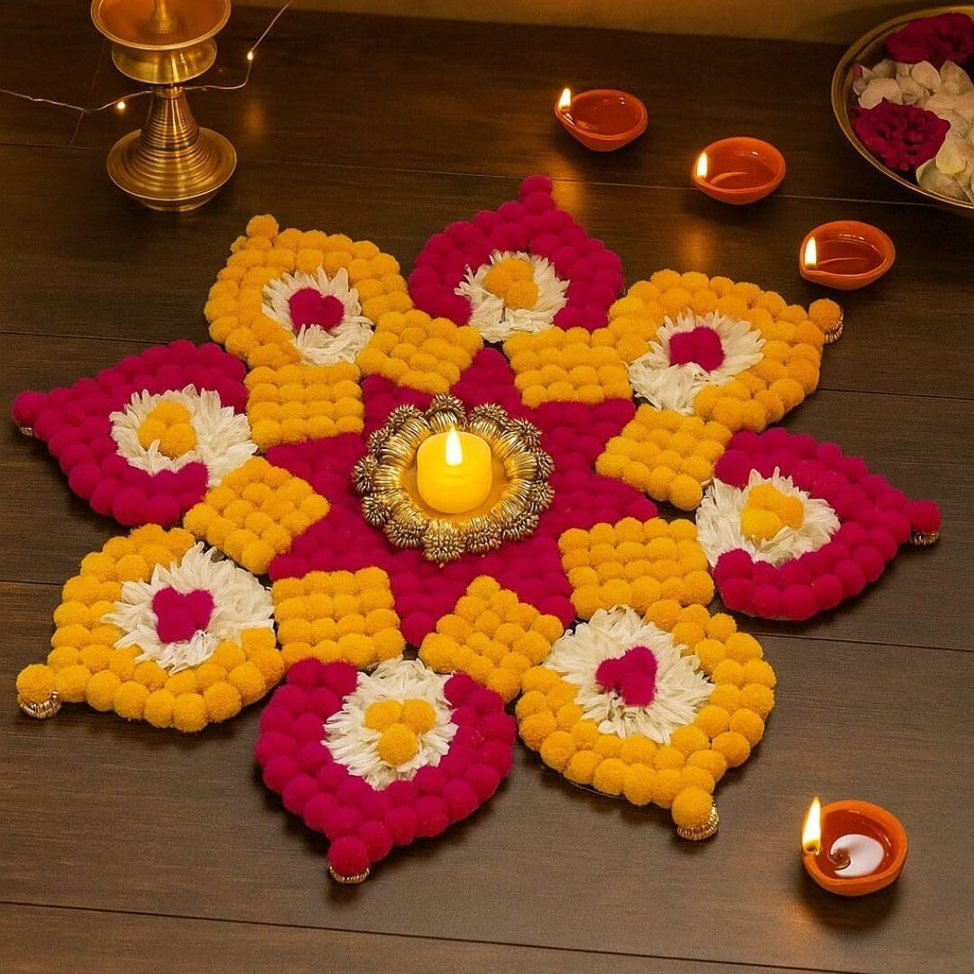 Satyam Kraft 1 Pc Handmade Rajwadi Rangoli Artificial Flower Mat For Diwali, Deepawali & Home Decor Item| Mandir, Pooja, Dhanteras, Festival Decoration Items For Entrance & Floor (Multicolor)