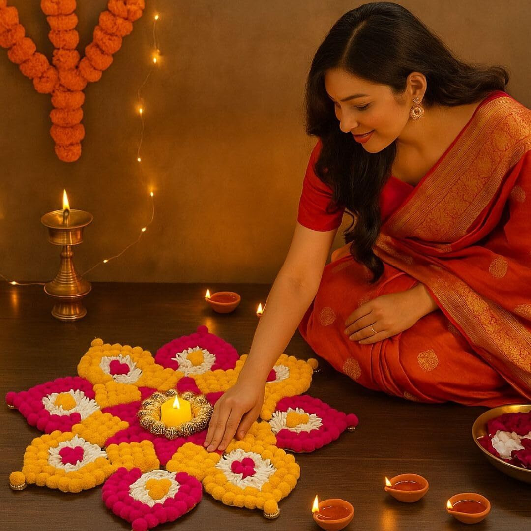 Satyam Kraft 1 Pc Handmade Rajwadi Rangoli Artificial Flower Mat For Diwali, Deepawali & Home Decor Item| Mandir, Pooja, Dhanteras, Festival Decoration Items For Entrance & Floor (Multicolor)