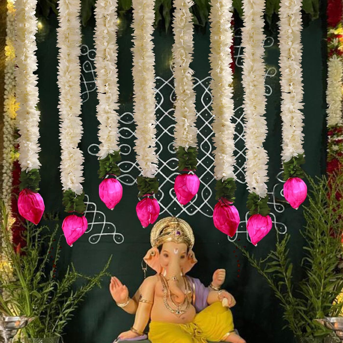 Tied Ribbons 5 Pcs Lotus Hangings For Diwali Decoration Home Decor Wall Door Mandir Pooja Room Office Birthday Wedding Stage Backdrop Decorative Items (37.3 Cm Each) Artificial Mogra Flowers Garlands