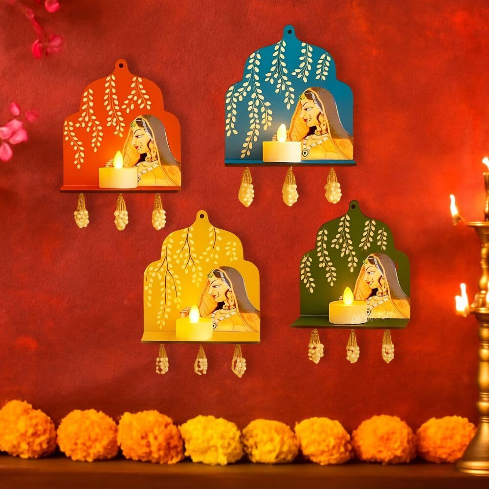 Craftvatika Diwali Decoration Items Led Jharokha Diya Set Of 4, Diwali Decor Items, Led Candles Wall Hanging Decorations, Diy Craft Traditional Wooden Jharokha Wall Decor For Living Room Festive Gift