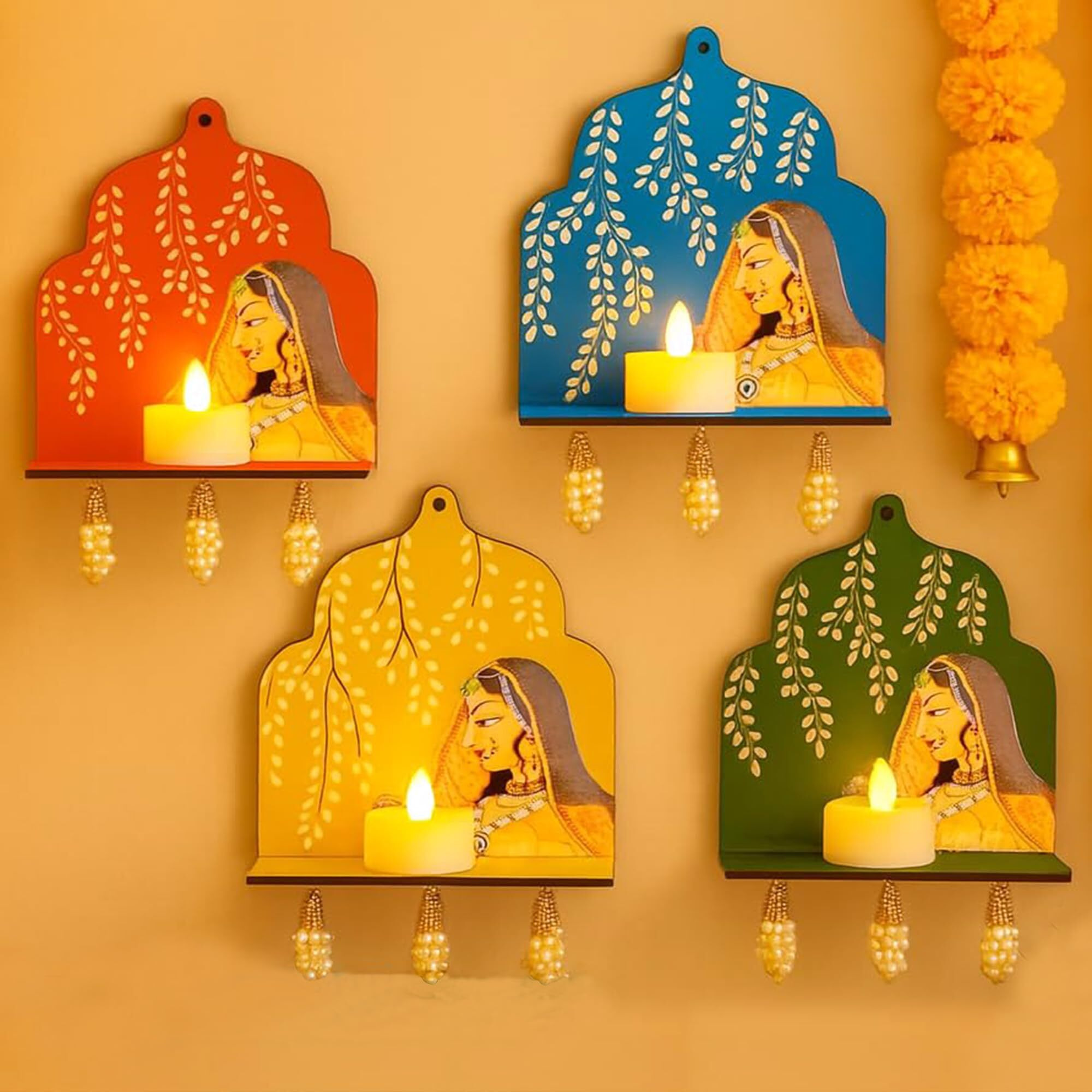 Craftvatika Diwali Decoration Items Led Jharokha Diya Set Of 4, Diwali Decor Items, Led Candles Wall Hanging Decorations, Diy Craft Traditional Wooden Jharokha Wall Decor For Living Room Festive Gift