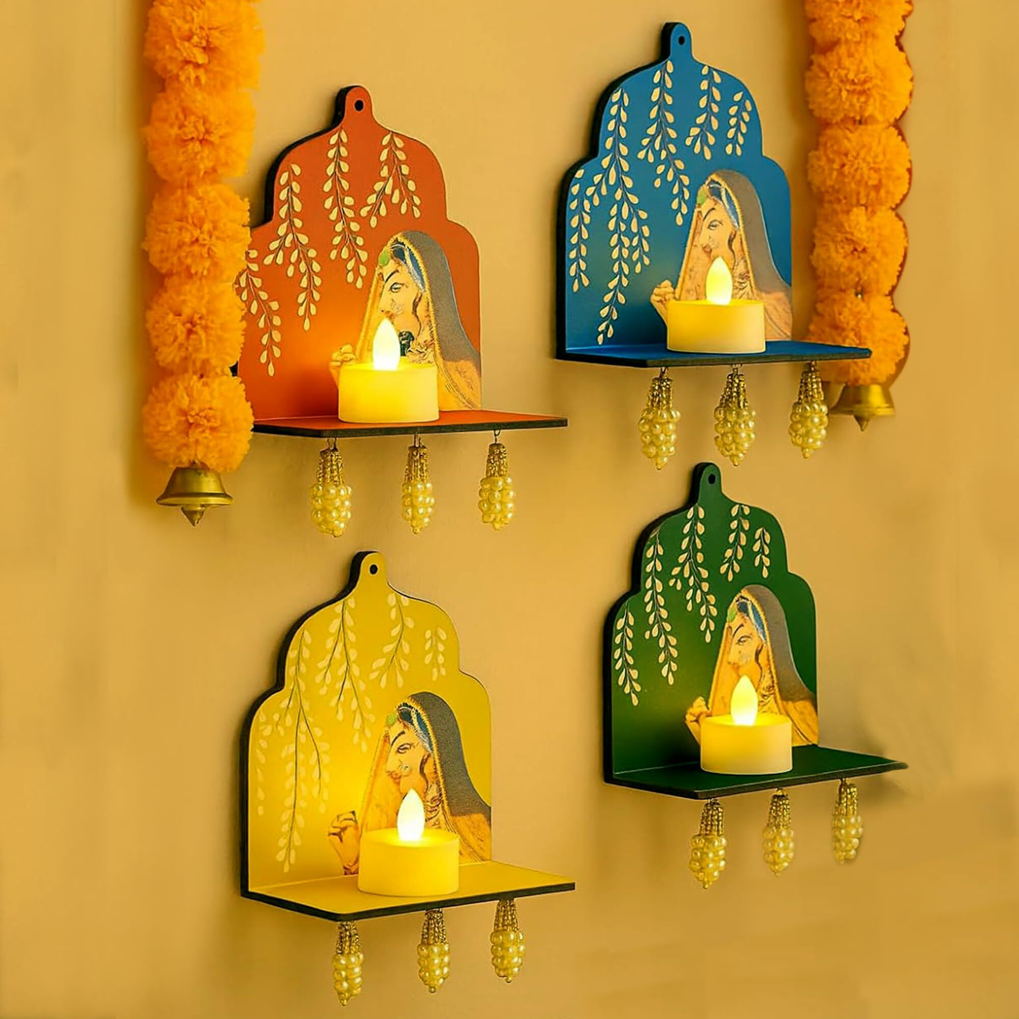 Craftvatika Diwali Decoration Items Led Jharokha Diya Set Of 4, Diwali Decor Items, Led Candles Wall Hanging Decorations, Diy Craft Traditional Wooden Jharokha Wall Decor For Living Room Festive Gift