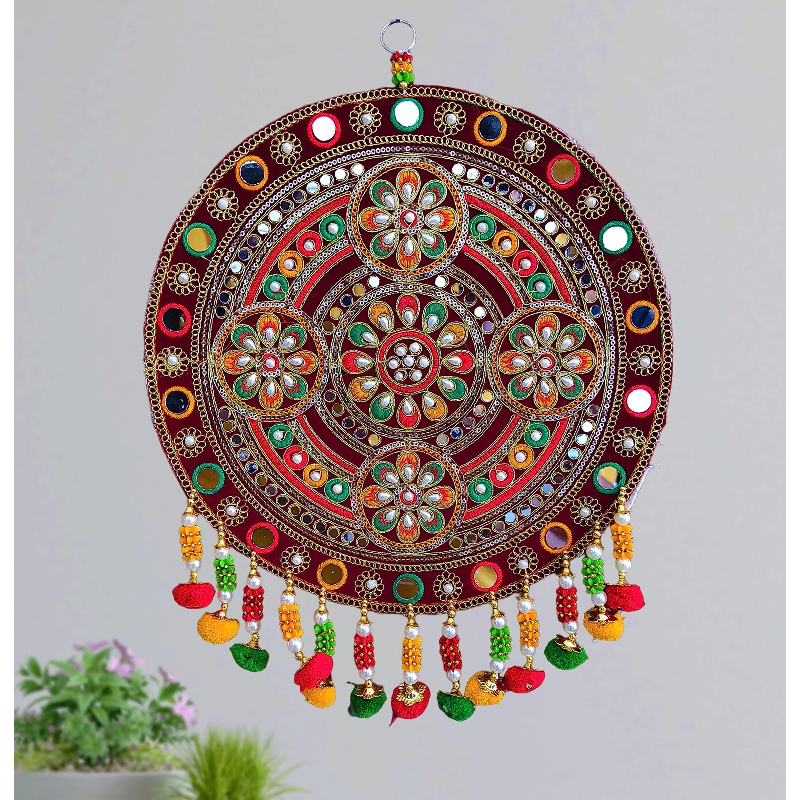 Reptum Decor Velvet Traditional Round Floral Design Diwali Decoration Wall Decor Handicraft Wall Hanging - 1 Piece, Multicolour