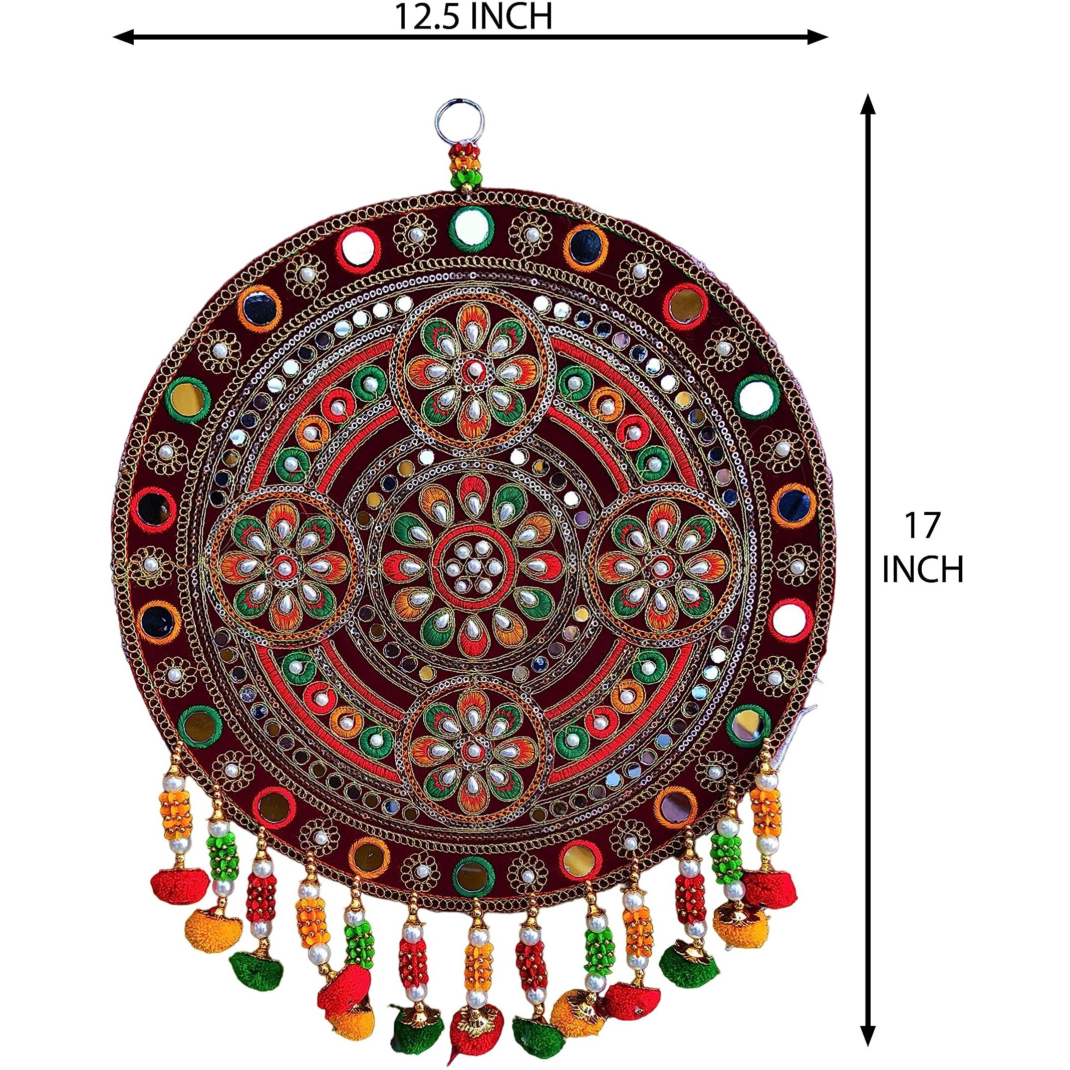 Reptum Decor Velvet Traditional Round Floral Design Diwali Decoration Wall Decor Handicraft Wall Hanging - 1 Piece, Multicolour