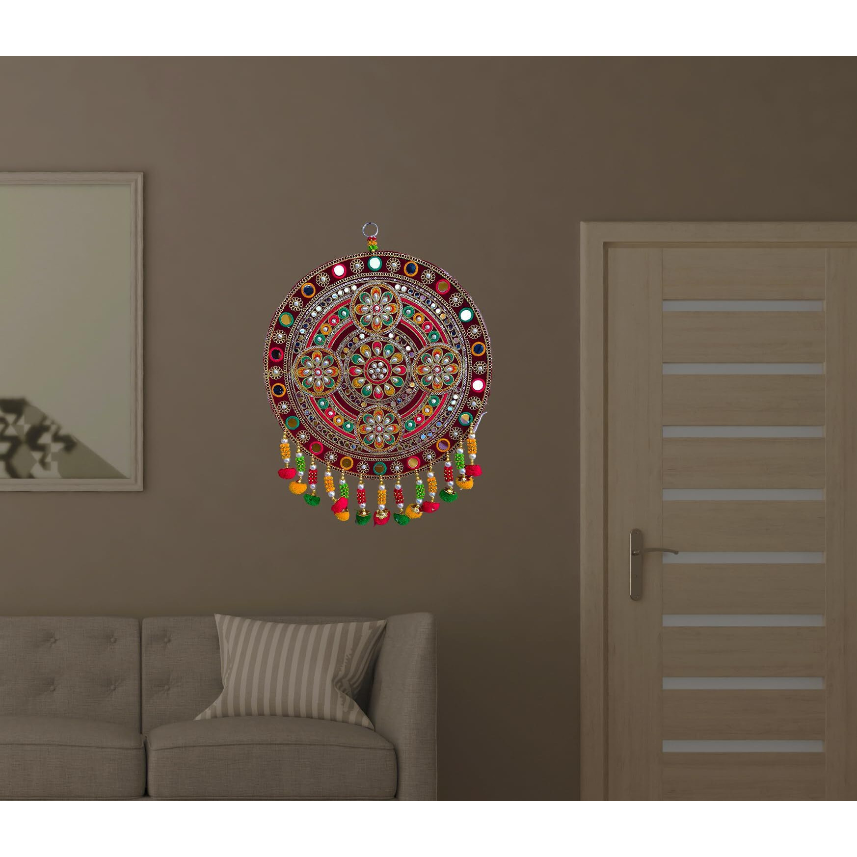 Reptum Decor Velvet Traditional Round Floral Design Diwali Decoration Wall Decor Handicraft Wall Hanging - 1 Piece, Multicolour