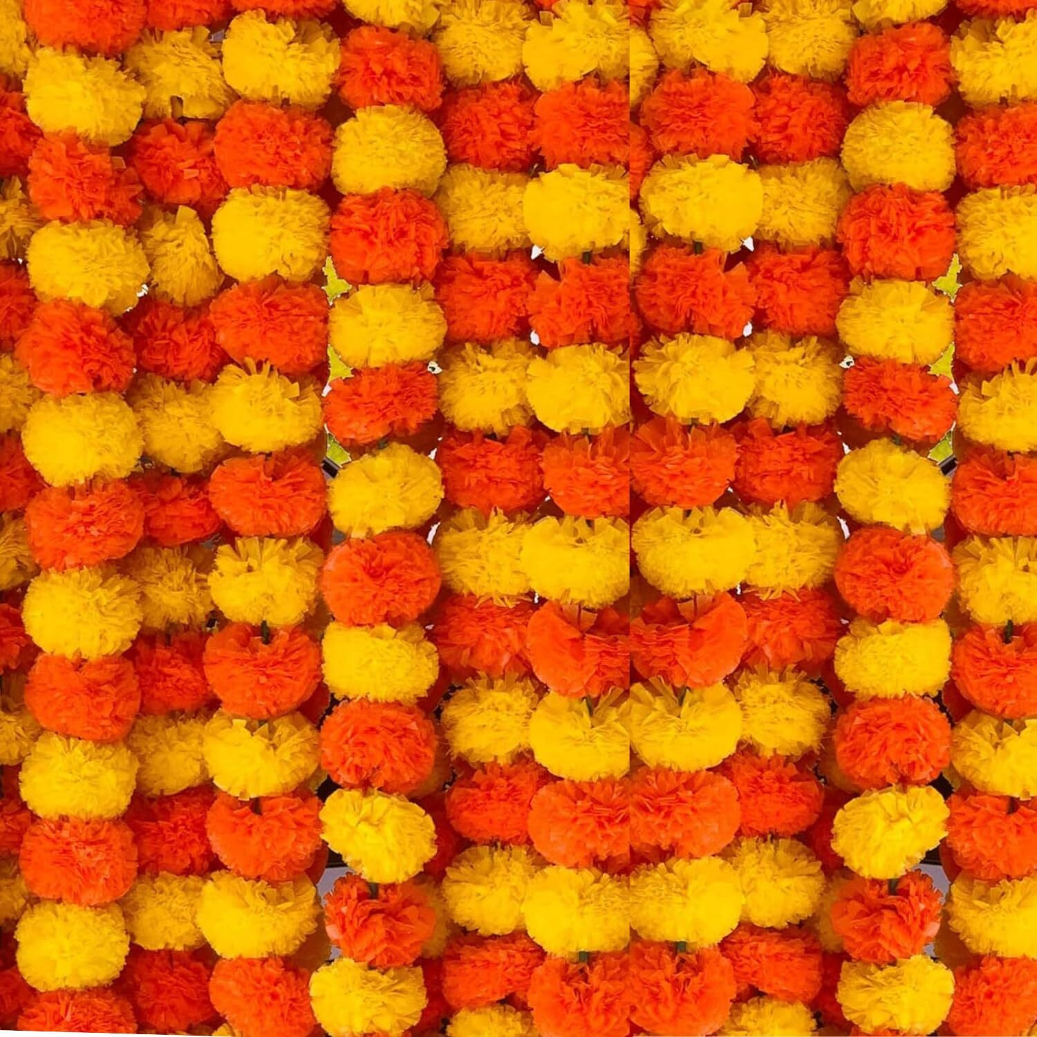 Decaura Artificial Marigold Garlands Decoration For Home Decor | Fluffy Marigold Artificial Flowers For Decoration Hanging | Ganpati, Diwali Decoration, Wedding, Festive Pooja (Multicolor, Pack Of 10)